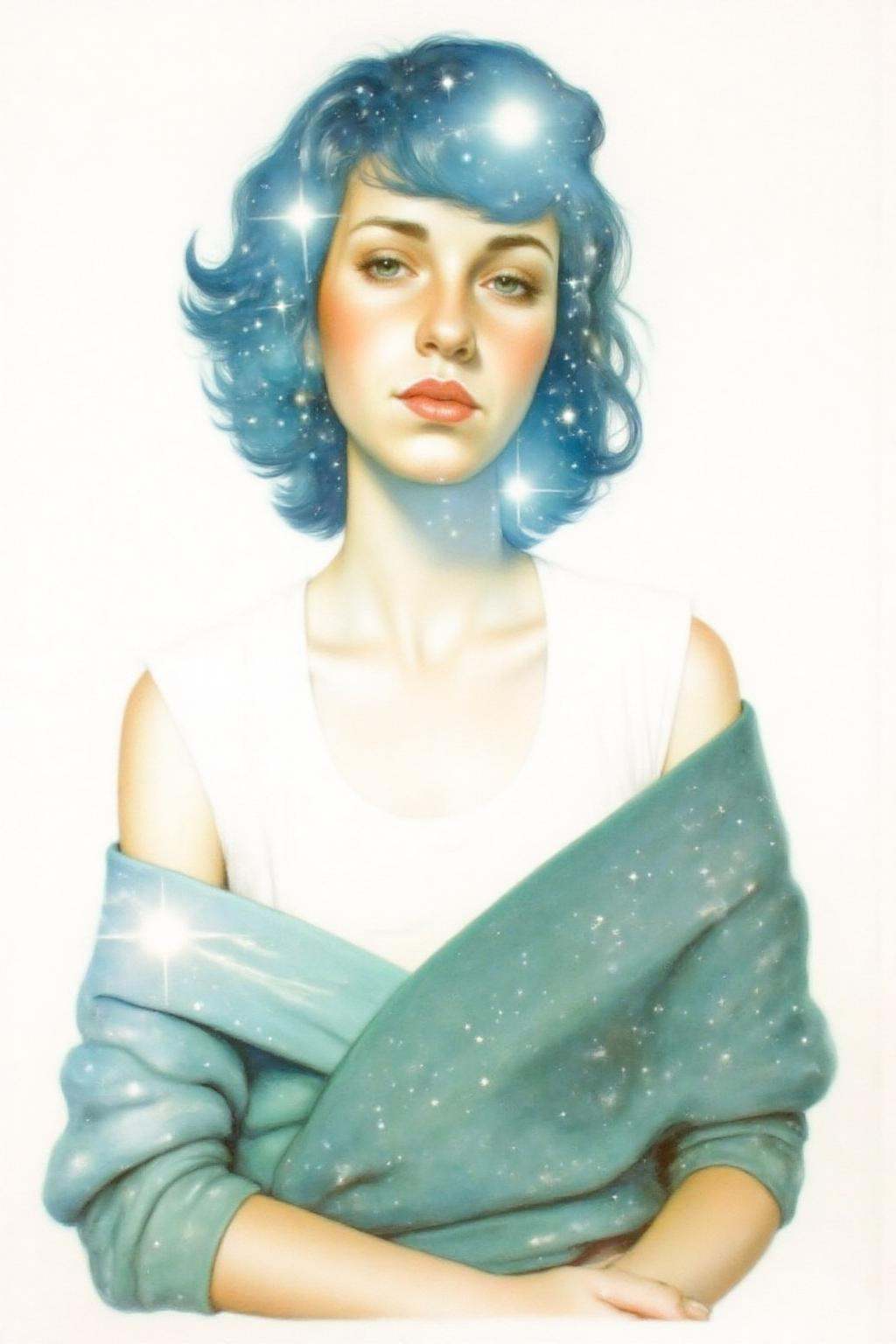 Portrait painting. A woman with short,  wavy blue hair,  wearing a white top and a teal shawl draped over her shoulders. H...
