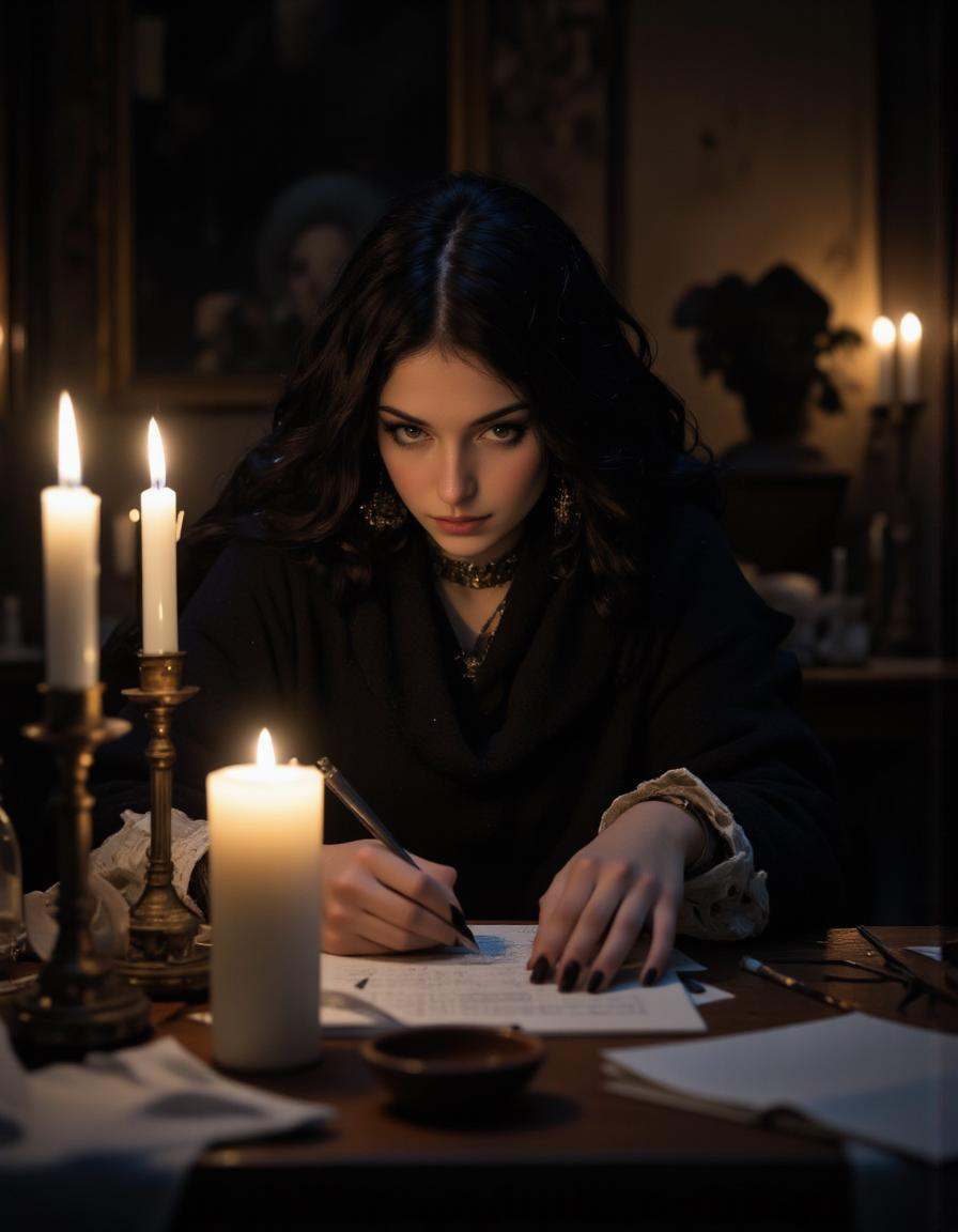 A highly detailed cinematic photography.A portrait of a woman writing by candlelight and looking at candle . Dark atmosphe...
