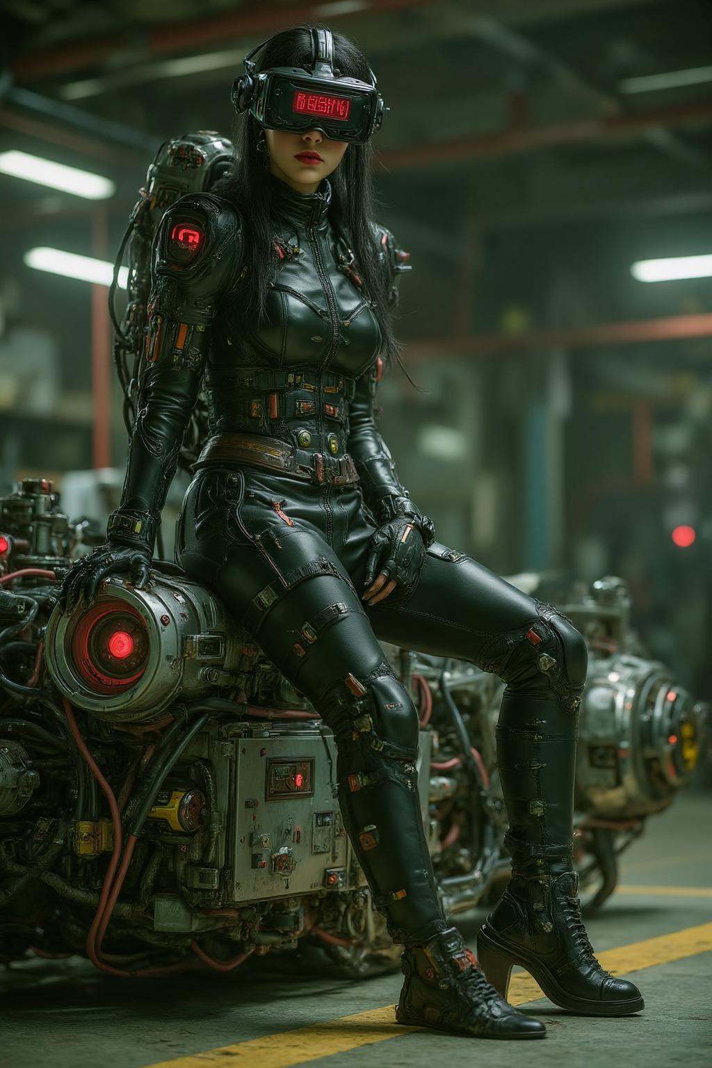 midjourney photograph. A striking,  futuristic scene depicts a woman dressed in sleek,  form-fitting leather attire on Ten...