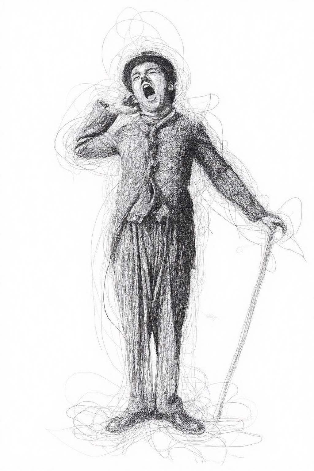 Drawing depicting Charlie Chaplin as the Tramp,  yawning. on Tensor.Art