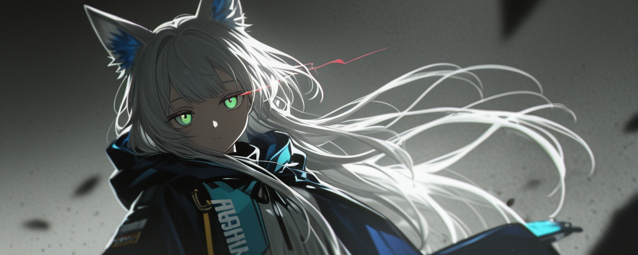 masterpiece, best quality, amazing quality, very aesthetic, absurdres, highres, newest, HDR, 8K, high detail, smooth shading, glossy surfaces, high contrast, depth color, dak depth, depth, colorful lighting, dark field, clear, vivid deep blacks,1girl, rosmontis \(arknights\), green eyes, white hair, fox ears, upper body, (eye trail), dutch angle, dynamic pose, battle night, chromatic aberration, cinematic composition, blurry foreground, blurry background,