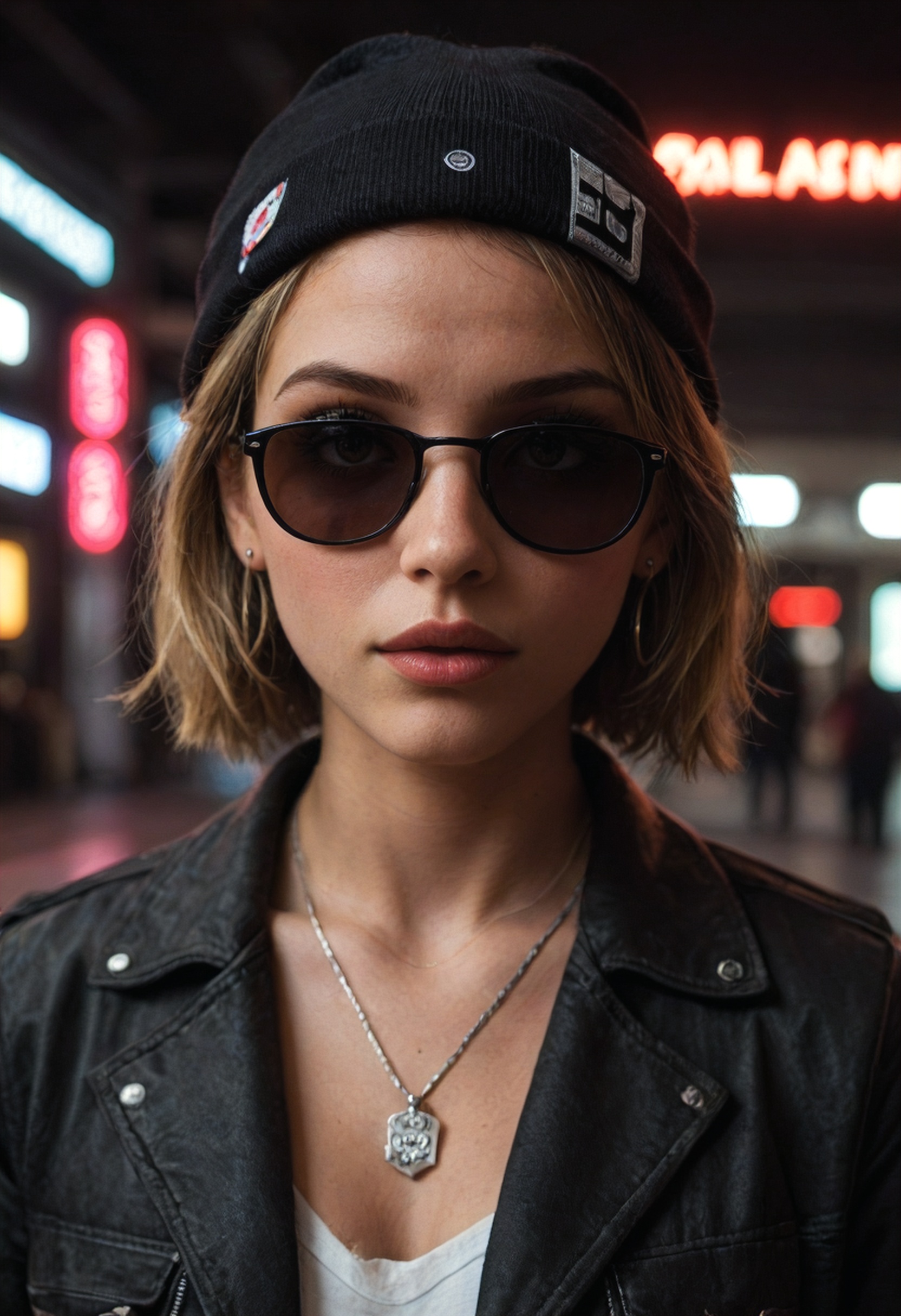 score_9, score_8_up, score_7_up, face close up, alternative girl, watching over black sunglasses, jacket, necklace, neon light reflections on skin, ear ring, makeup, skin imperfection, short hair, beanie, neon lights background, low light, depth of field, highly detailed, high contrast, film grain, Rim Lighting, Long Exposure, DSLR