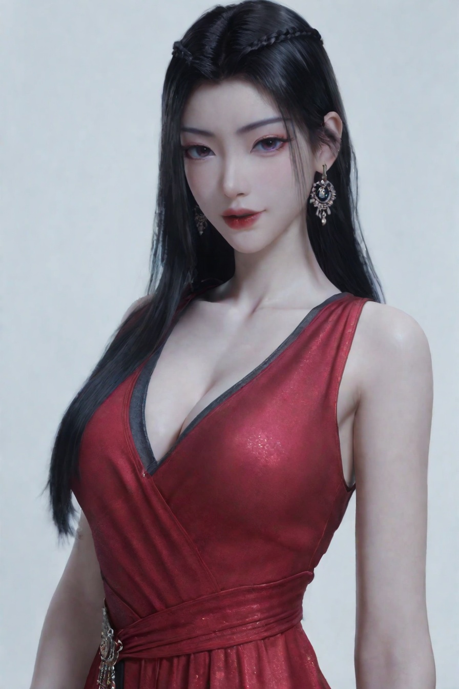 score_9,score_8_up,score_7_up,incredibly absurdres,<lora:SF_YuanYao_Pony-000004:0.7>,1girl,solo,red dress,large breasts,naughty_face,red lips,jewelry,earring,long hair,looking at viewer,white background,