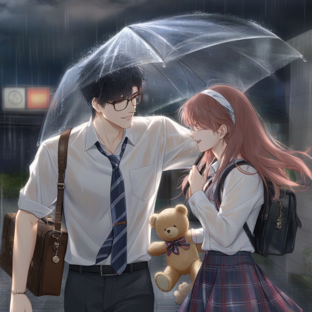 <lora:20241029-1730164497477:0.8>,The image is an illustration of a young couple standing under an umbrella in the rain. The man is wearing a white shirt, blue tie, and glasses, and is holding a briefcase with a teddy bear on it. The woman is also wearing a school uniform with a red and blue plaid skirt and a white headband. They are both smiling and looking at each other. The background is dark and rainy, with raindrops falling from the sky. The overall mood of the image is cheerful and romantic.
