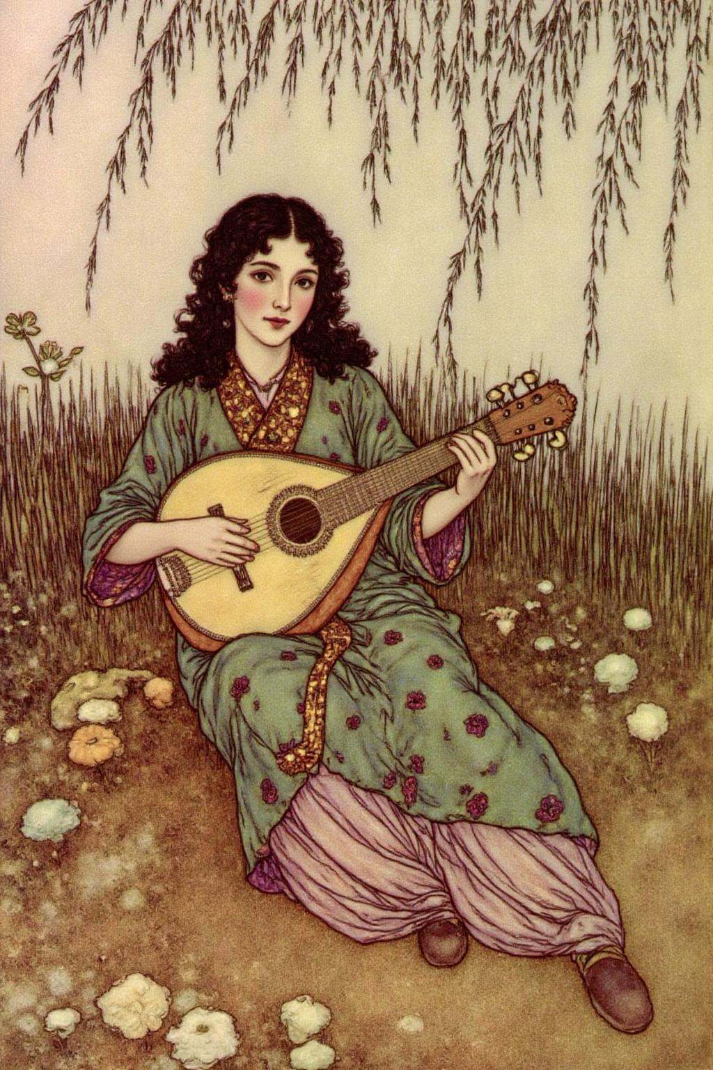 dulac1 illustration. A young girl with long,  curly dark hair and a serene expression. She is seated on the ground,  surro...