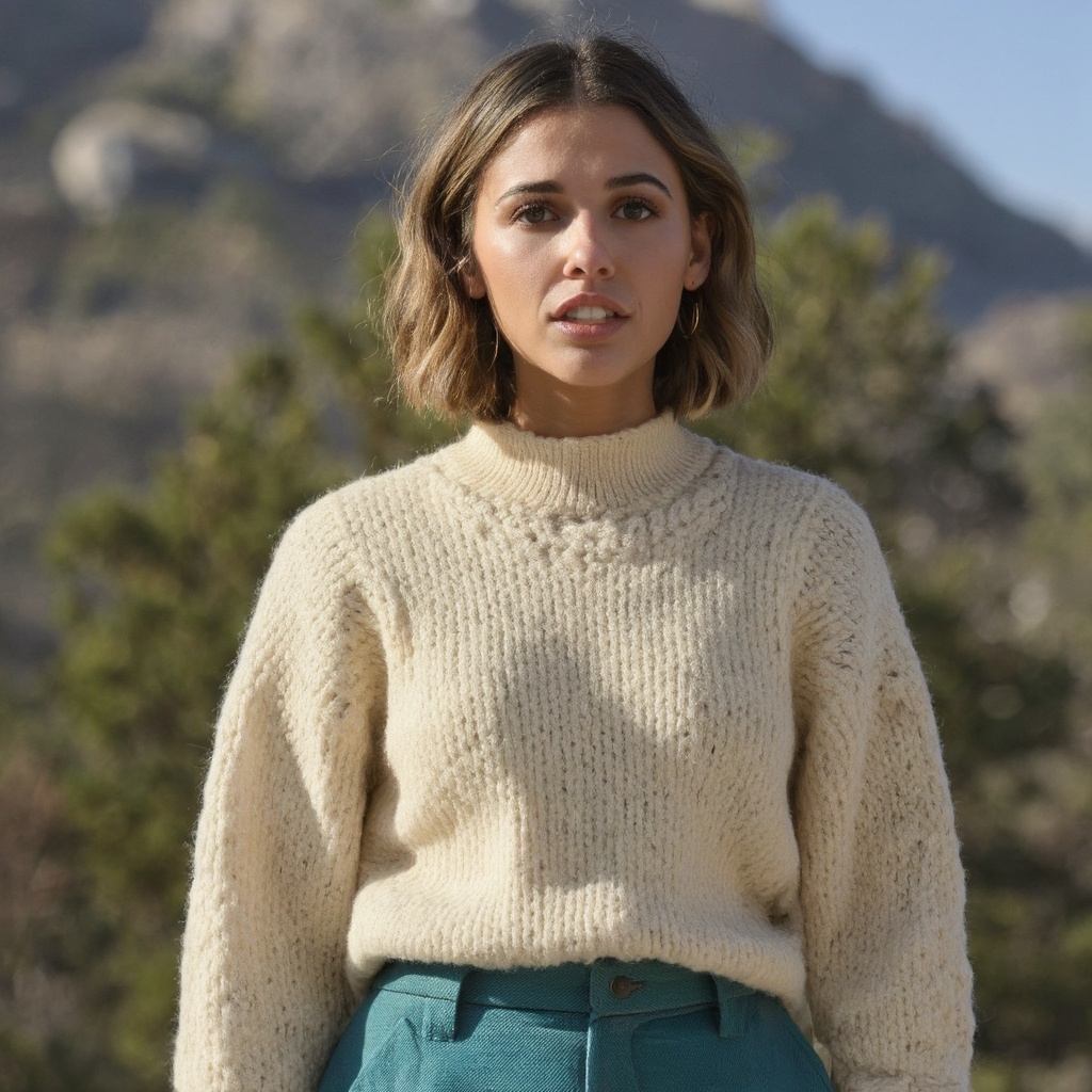 A portrait of naomi_scott standing outdoors in a natural setting. She wears a cream-colored,  knitted sweater with a high...