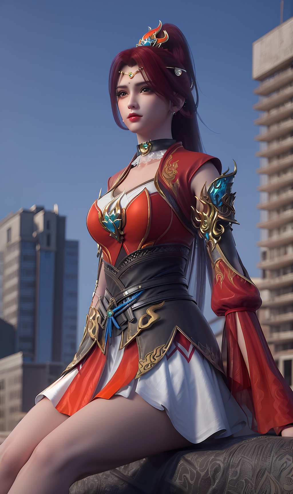 3D,masterpiece,(best quality),(makeup),official art, extremely detailed cg 8k wallpaper,((crystalstexture skin)), (extremely delicate and beautiful),(highly detailed),(face),(collar),(armor),(tiara),(ponytail),(1girl), (solo), (jewelry), (earrings),(tangerine_hair),(long_hair),(hair_ornament),(handwear),(breasts),(sitting),((upper_body)),(bandage),(dress),(shorts_skirt),(shiny_clothes),(long_legs),(thighs),(city,outdoor),(belt),(wrist_cuffs),(multicolored_clothes),(multicolored_dress),,((looking_at_viewer)),((Facing the camera)),, <lora:hipoly3DModelLora_v10:0.3>