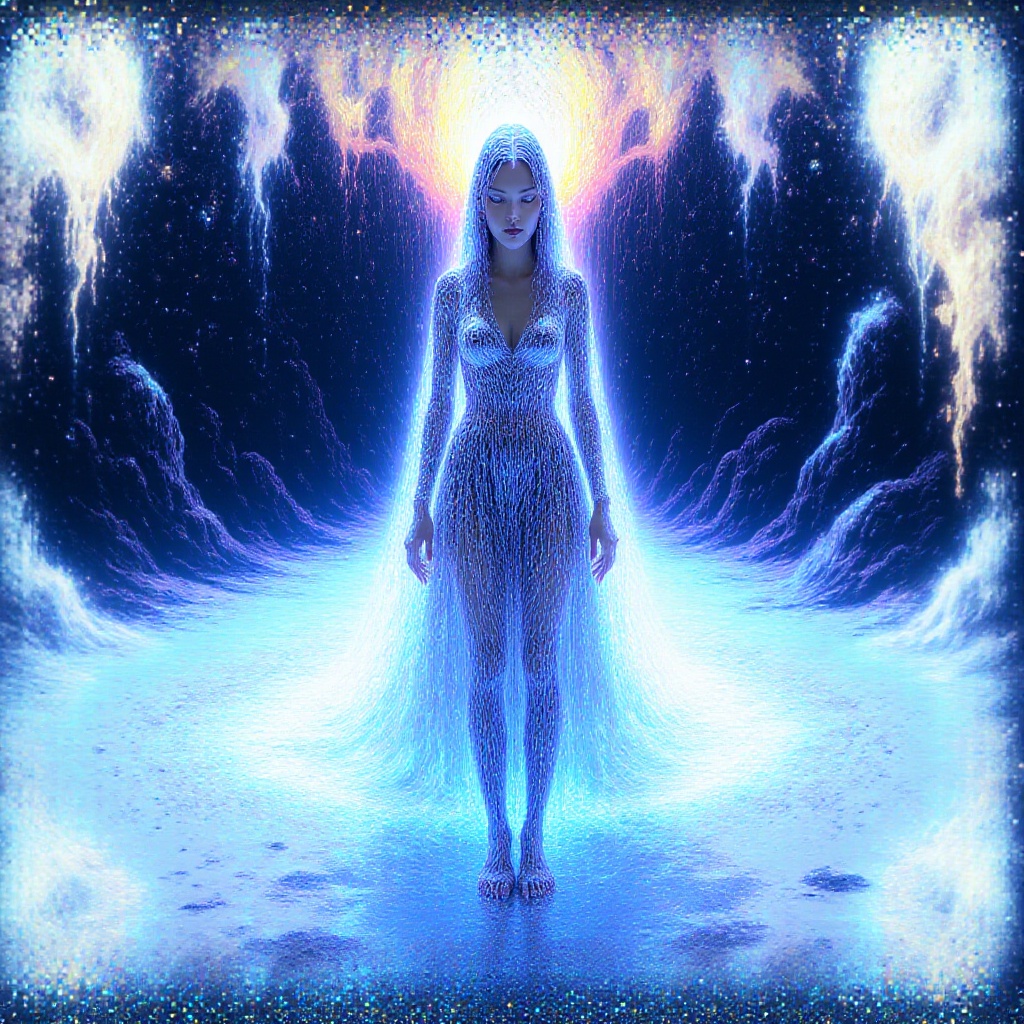 gope-style,  Snowflake whispers to the mystical anime princess as she stands regally on the frozen lake,  her gown shimmer...