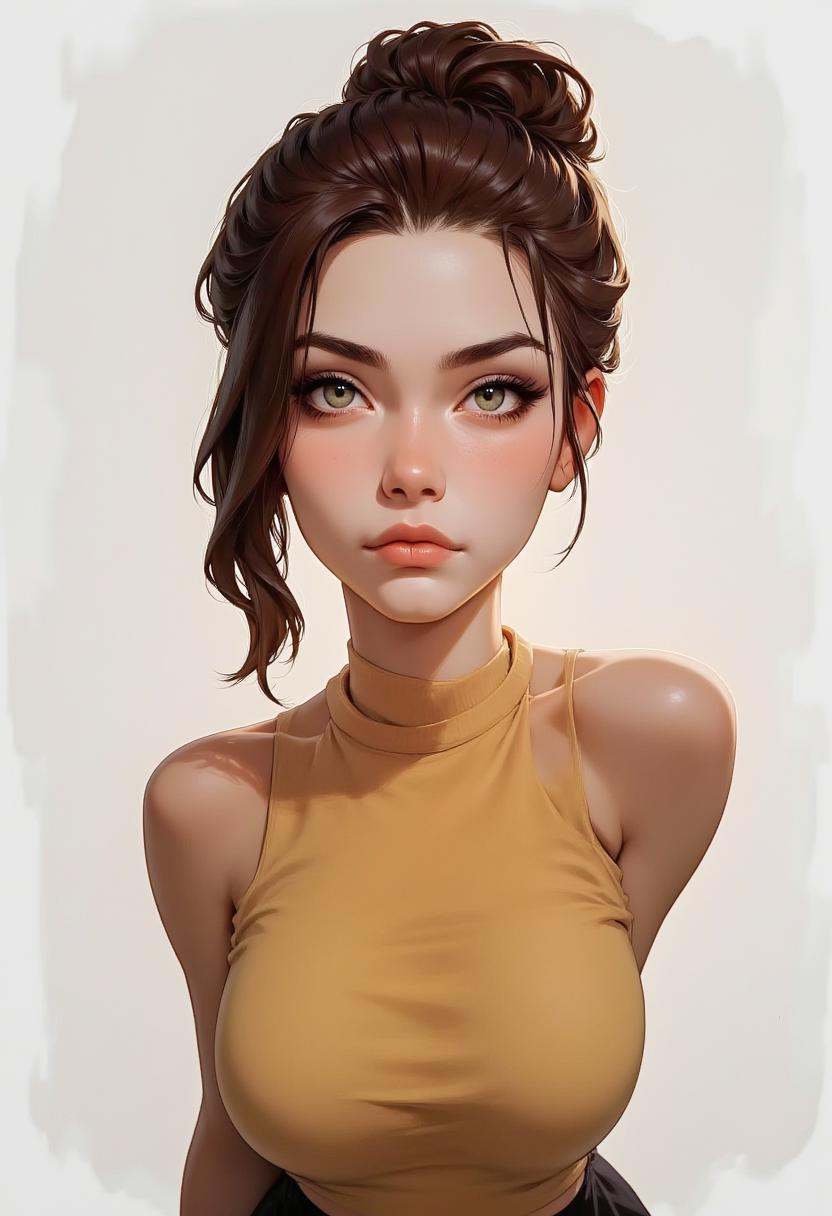 The image is a portrait of a young woman with shoulder-length brunette hair styled in loose curls. She is wearing a yellow...