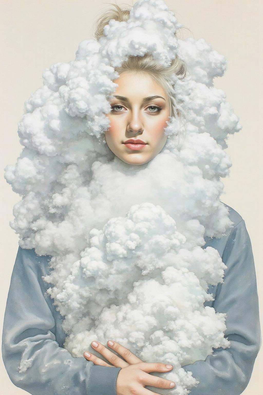 Portrait painting. A woman's face seamlessly integrated into a swirl of clouds. Her expression is serene,  and her hair is...
