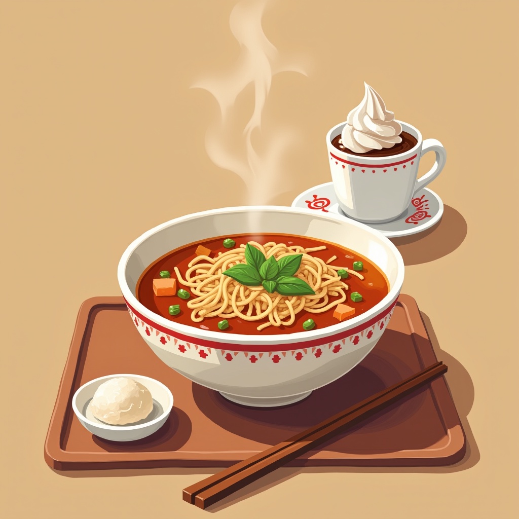 illustation,  A delightful meal scene featuring a bowl of pho,  coffee with ice and cream on top. on Tensor.Art