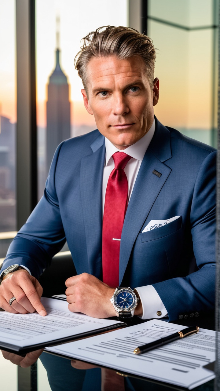 A compelling medium shot of a distinguished middle-aged businessman in a perfectly tailored suit and red tie,  captured in...
