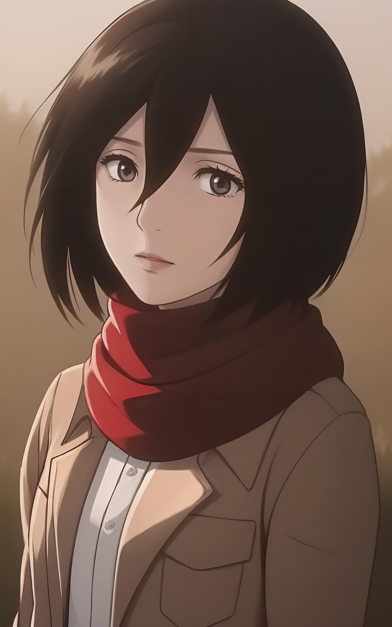 golden hour,highly detailed,ultra-high resolution,32K UHD,sharp focus,best-quality,masterpiece,Emotionalization,with a high-end texture,<lora:三笠-000018:0.6>,sanli,mikasa ackerman,1girl,solo,black hair,scarf,paradis military uniform,short hair,jacket,white background,emblem,black eyes,upper body,red scarf,simple background,hair between eyes,long sleeves,<lora:LH_zrV2:0.6>,