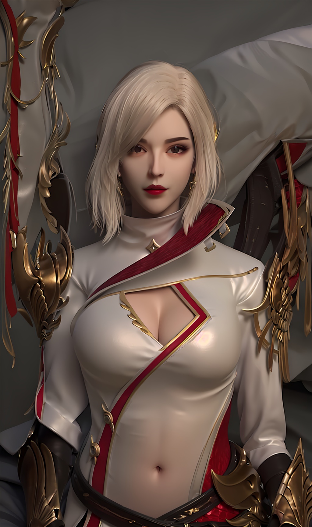 3D,masterpiece,(best quality),(makeup),official art, extremely detailed cg 8k wallpaper,((crystalstexture skin)), (extremely delicate and beautiful),(highly detailed),(face),(collar),(gold_trim),(1girl), (solo), (jewelry), (earrings),(hair),(short_hair),(hair_ornament),(handwear),(breasts),(cleavage),(standing),((upper_body)),(closed_mouth),(multicolored_clothes),(multicolored_dress),(shiny_clothes),(city,outdoor,bed),(gauntlets),(shoulder_armor),,,((looking_at_viewer)),((Facing the camera)),, <lora:hipoly3DModelLora_v10:0.3>