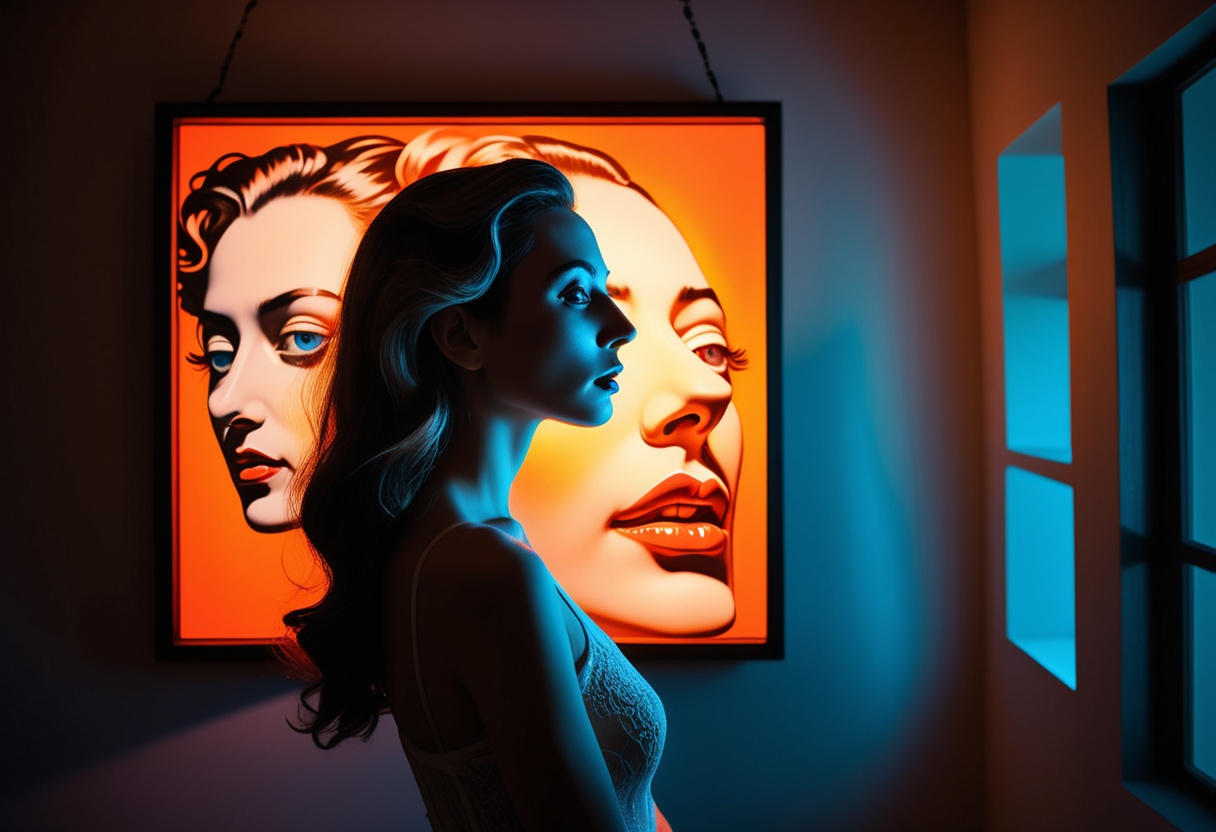 Visualize a captivating long shot of an elegantly poised woman,  extremely detailed face,  fully immersed in observing a s...