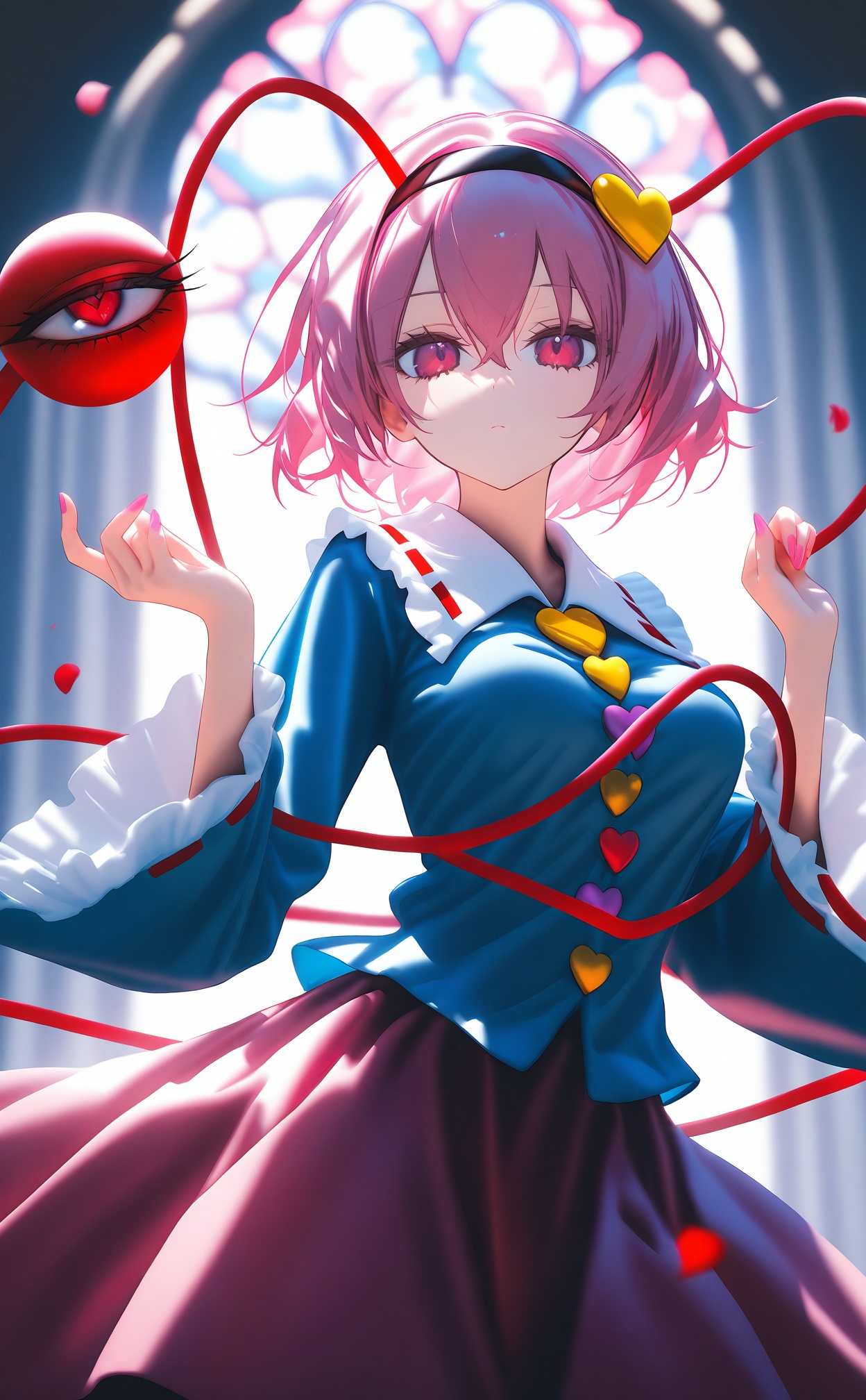 masterpiece,best quality,high quality,1girl,komeiji satori,solo,hairband,heart,shirt,blue shirt,third eye,black hairband,skirt,wide sleeves,short hair,long sleeves,pink skirt,frills,frilled shirt collar,petals,heart hair ornament,pink hair,hair between eyes,rose,frilled sleeves,rose petals,stained glass,looking at viewer,pink eyes,flower,hair ornament,breasts,pink rose,pink flower,ribbon-trimmed collar,medium breasts,blouse,cowboy shot,red eyes,buttons,closed mouth,heart button,character name,eyeball,hands up,red rose,ribbon trim,blurry,expressionless,pink nails,