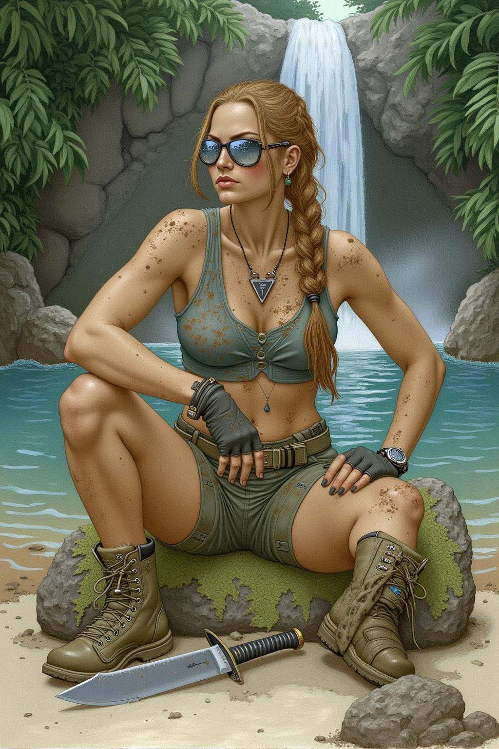 olgadugina1 illustration. A strong female adventurer,  covered with sweat,  mud and dirty on Tensor.Art