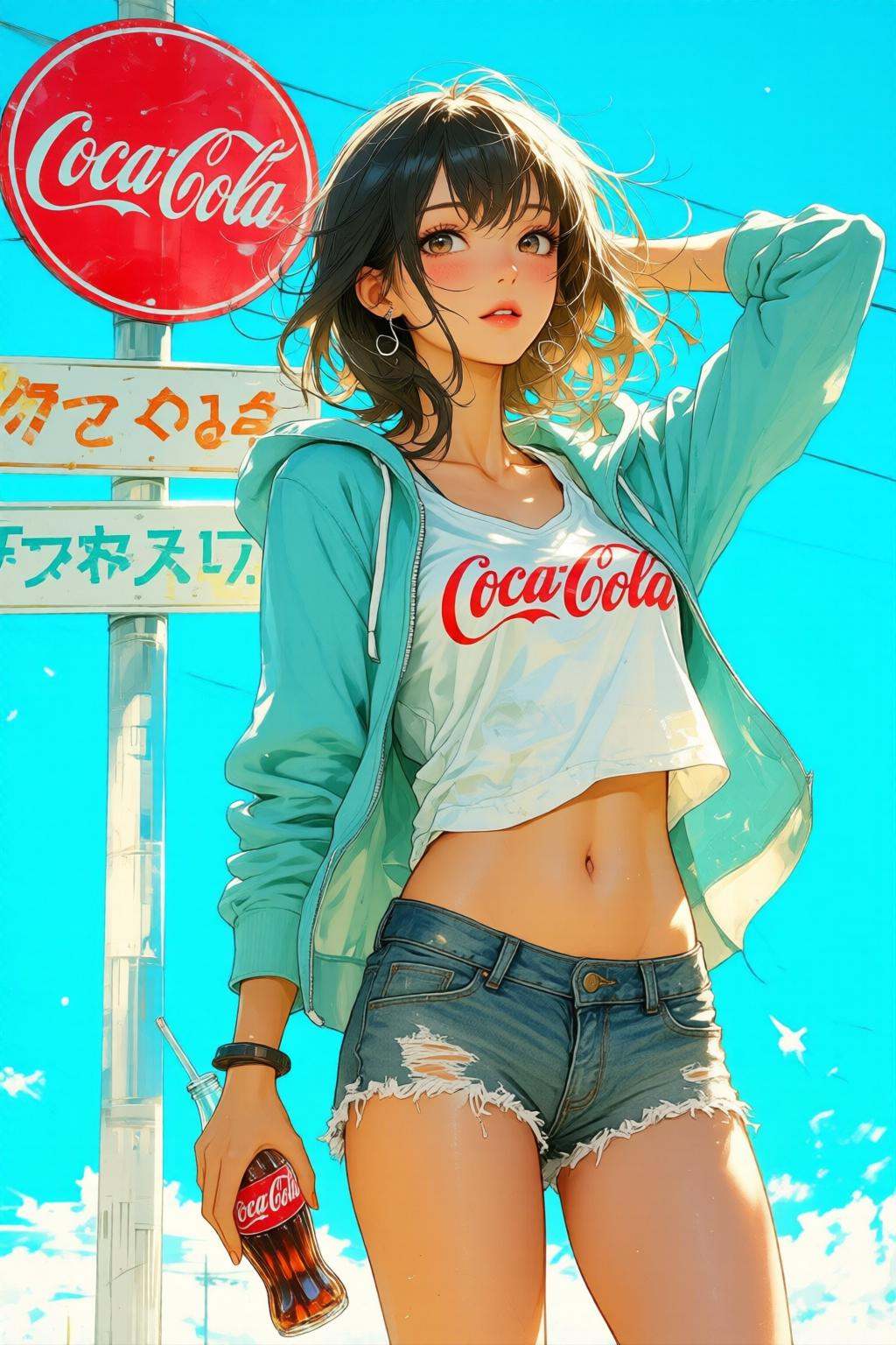 nijimix6q anime style illustration. A young woman is standing in front of a Coca-Cola sign. She is wearing a light blue ho...