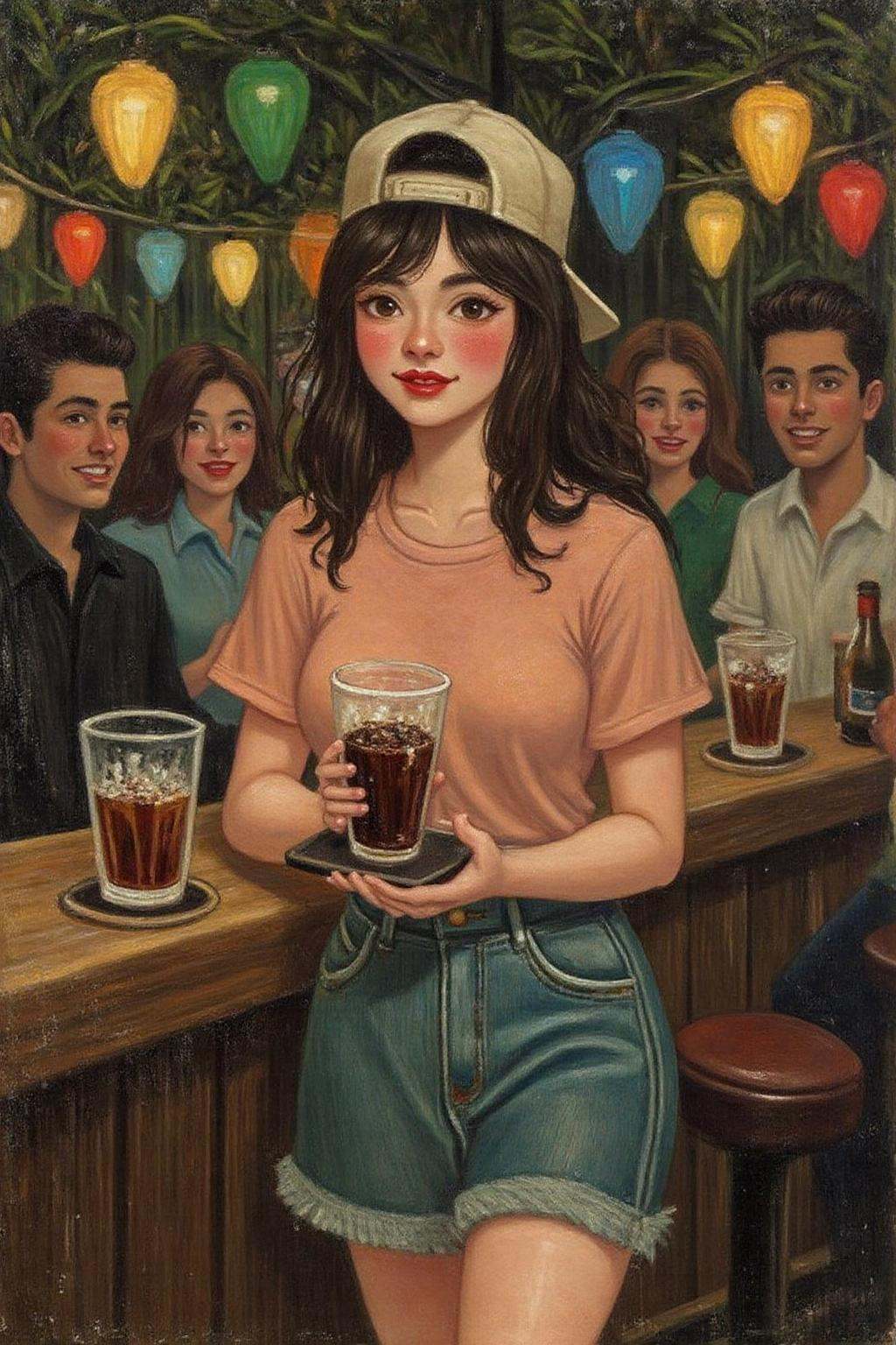 henrou1 painting The air buzzes with the energy of a busy bar,  a mix of music,  conversation on Tensor.Art