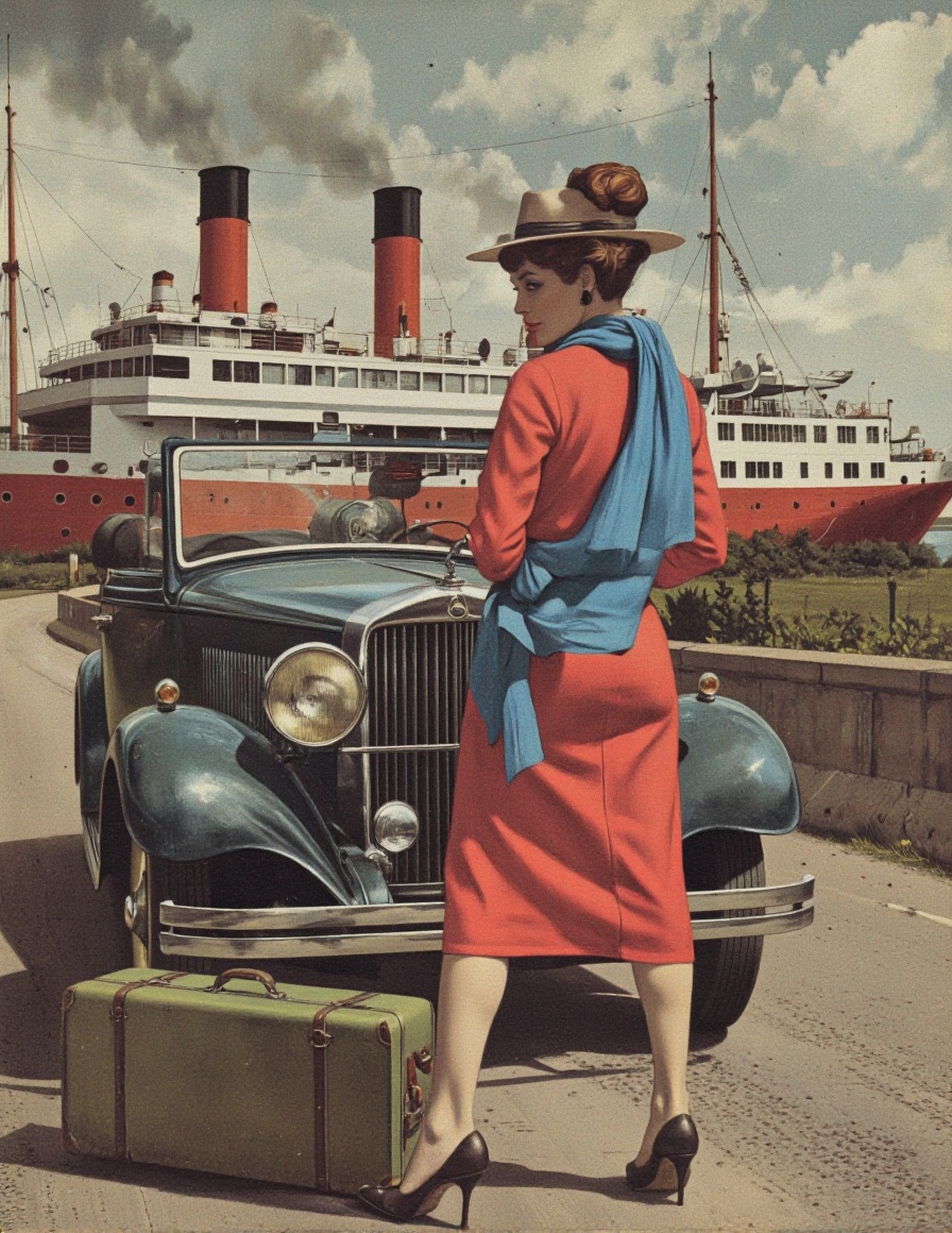 RobGin style. A vintage advertisement from a rear angle,  depicting a woman in a red dress and a blue scarf standing in fr...