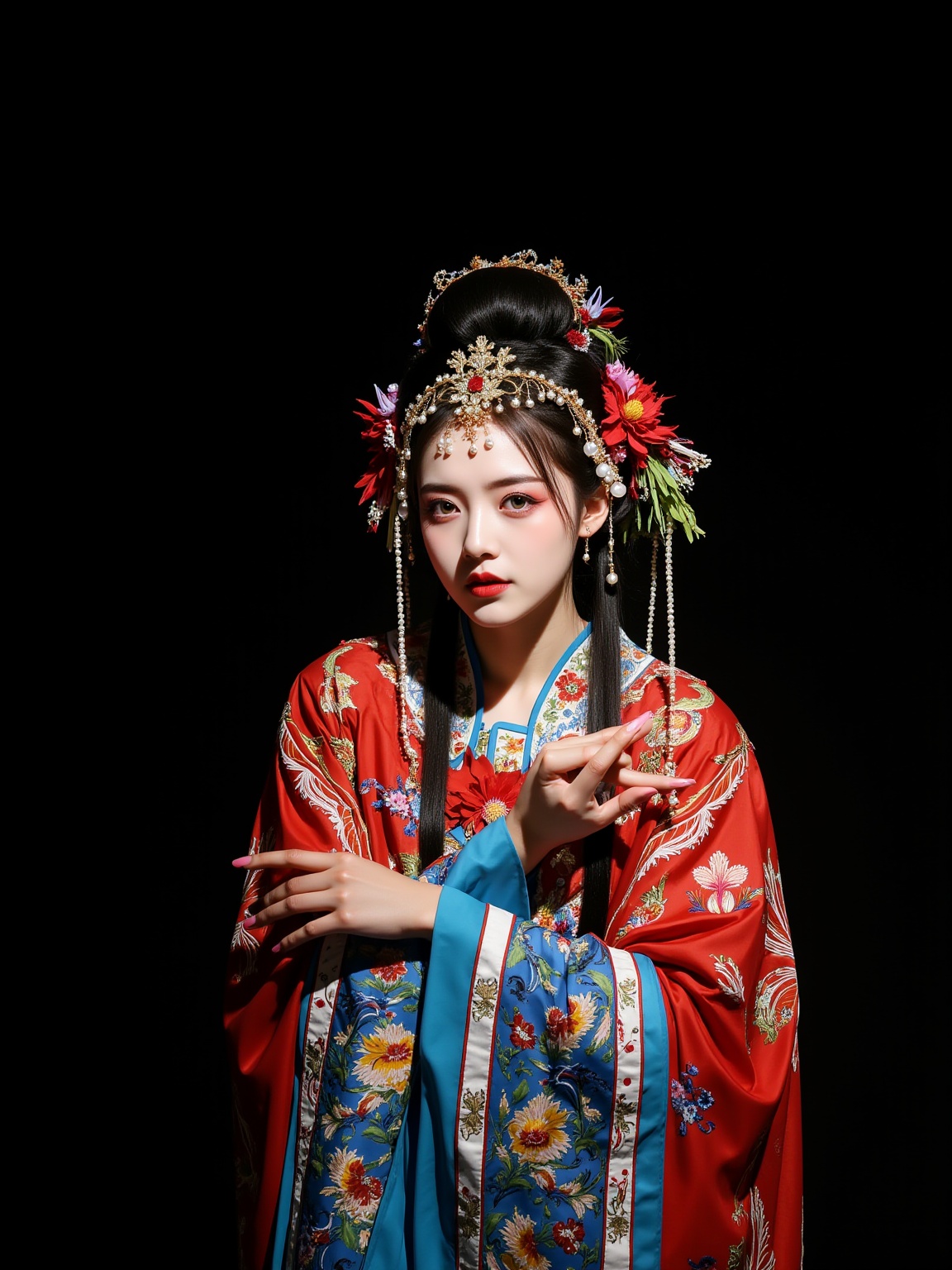 Photograph, Chinese opera, traditional costume, intricate headdress with floral and pearls, vibrant red and blue embroidery, delicate hand gesture, dramatic lighting, serene expression, dark background, rich cultural heritage, elegant and poised.