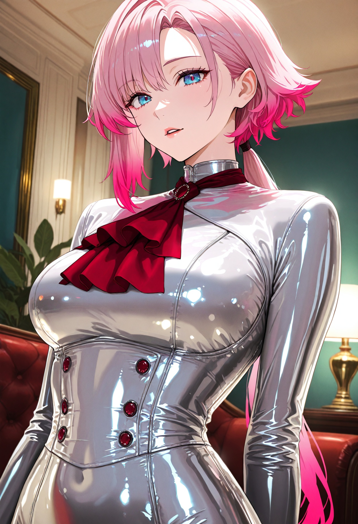 1woman in glossy latex ensemble,  neon-pink hair with green gradient ends,  asymmetrical hair covering left eye on Tensor.Art