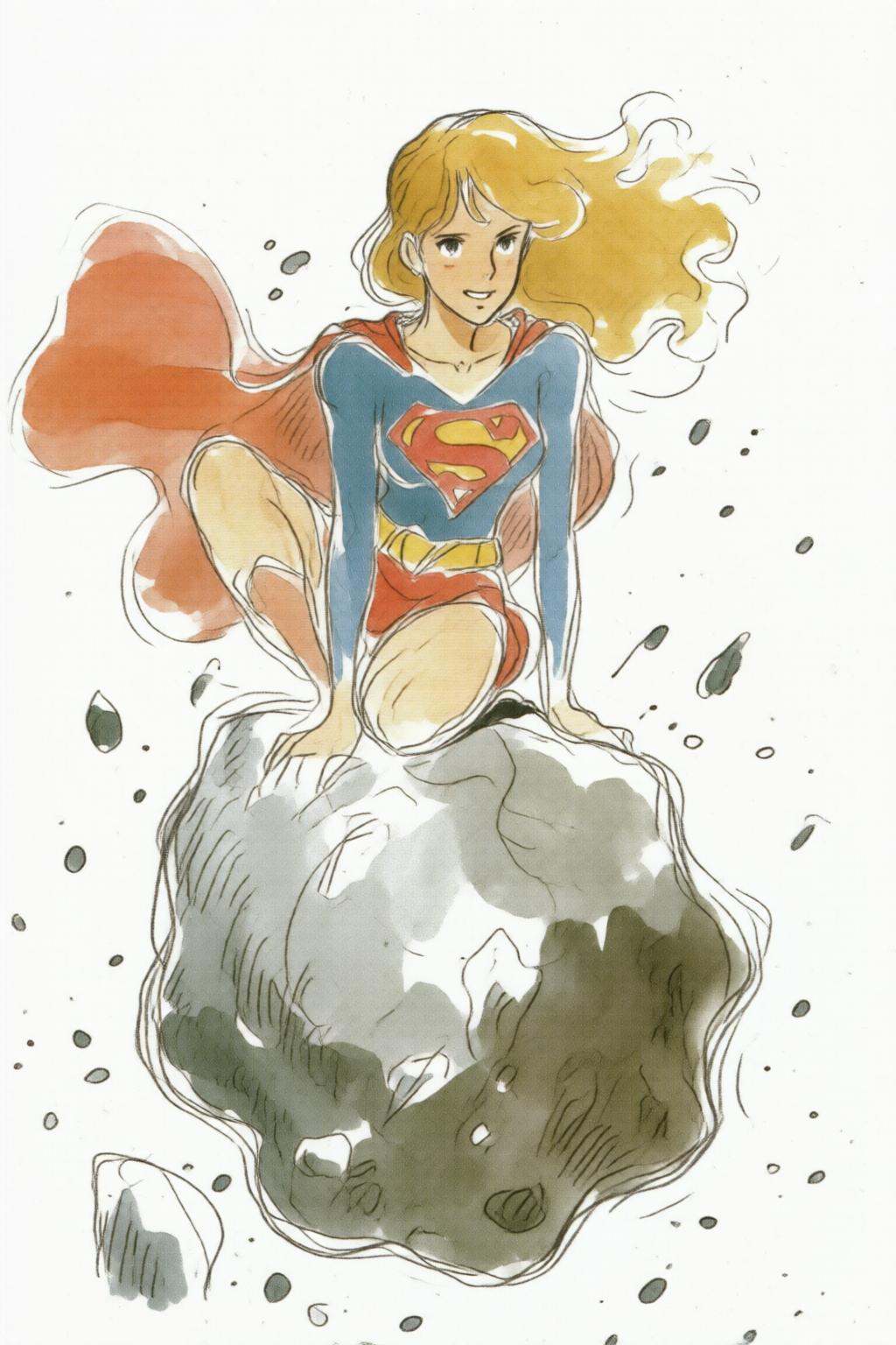 hayaomiyazaki3q illustration.Supergirl posing while sitting on top of a meteorite. She has long,  flowing blonde hair,  st...