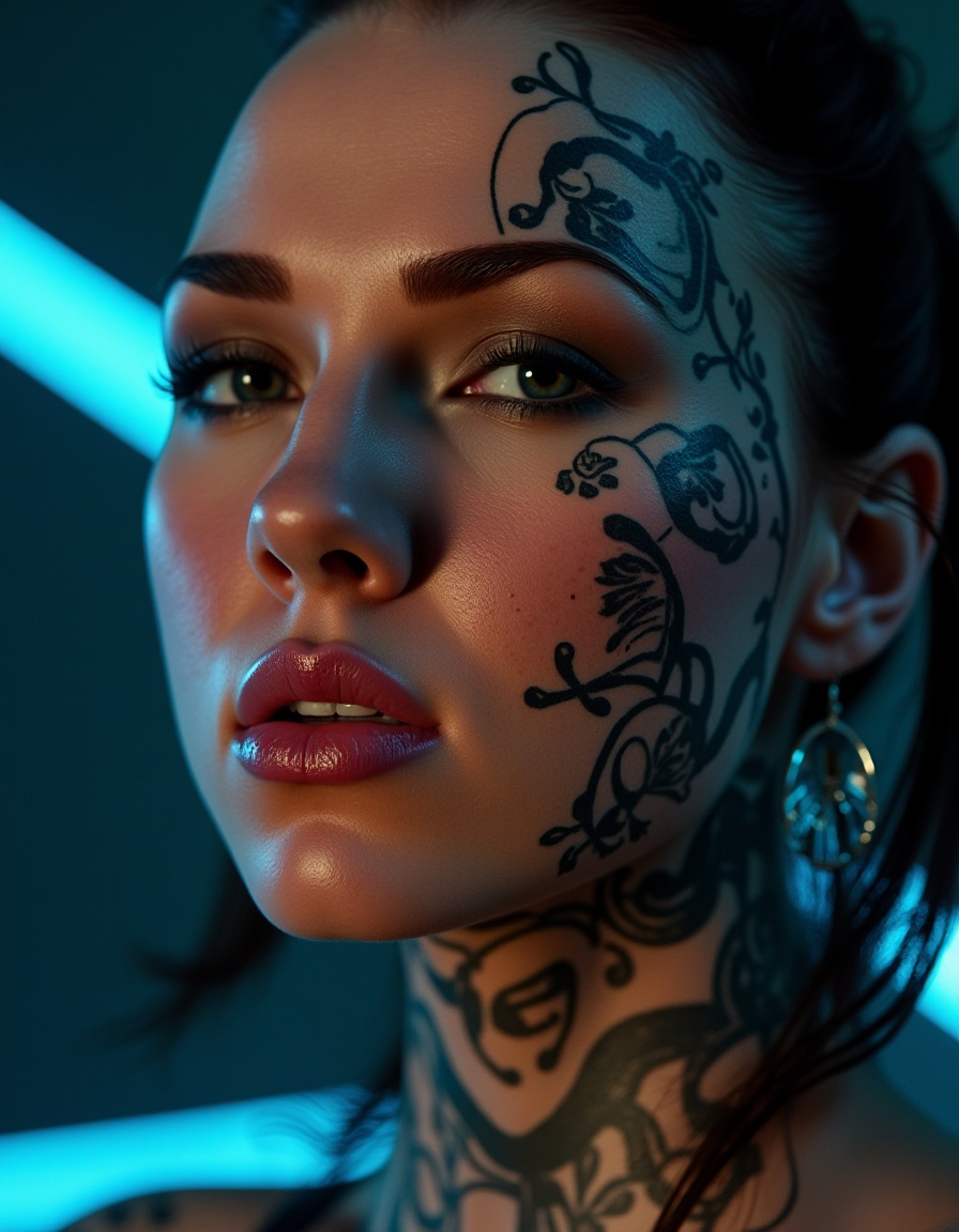 A hyperrealistic close-up portrait of a woman with intricate black tattoos spreading across her face,  as if alive and shi...