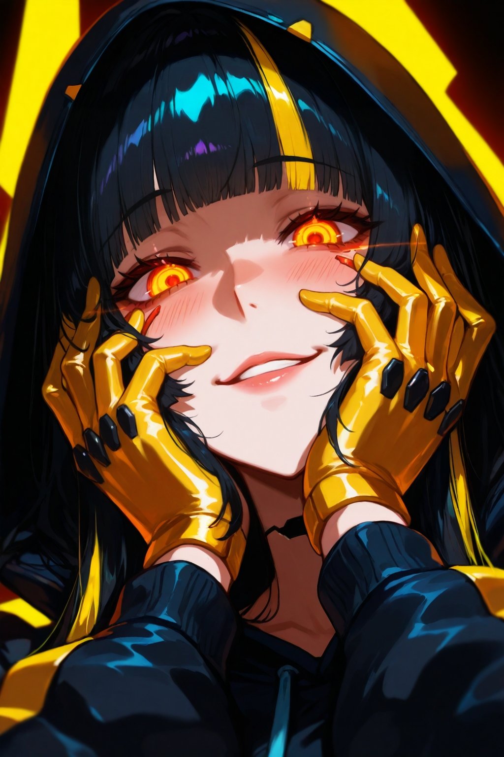 very awa, 1girl, solo, looking at viewer, close-up, black hair, long hair, hime_cut, (yellow bangs, multicolored bangs), golden eyes, glowing eyes, intricate eyes, ultra-detailed eyes, unique eyes, hands on face, yandere, smile, blush, dark background, cyberpunk, neon armor, black suit cyberpunk, light trail, eye trail, black golden gloves, black hoodie, hood up, chiaroscuro, intense shadow, lighting from below, masterpiece, best quality, absurdres, amazing quality, very aesthetic, newest