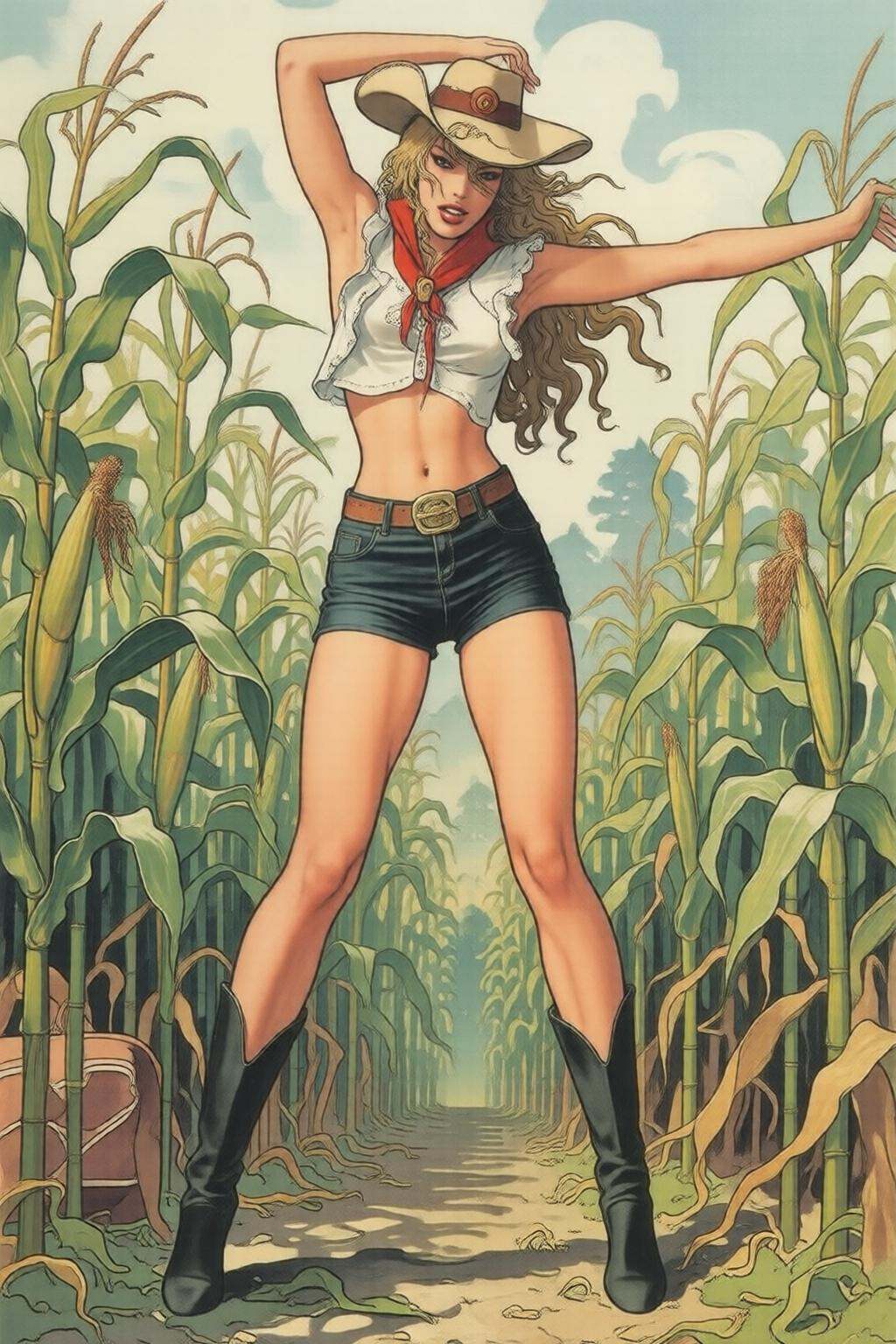milomanara7q illustration. Cowgirl in black short shorts,  standing in a corn field on Tensor.Art