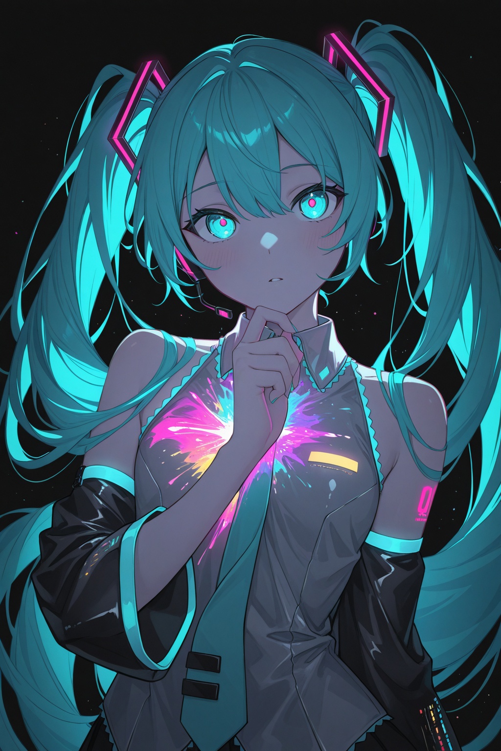 Hatsune Miku,  limited palette,  black background on Tensor.Art