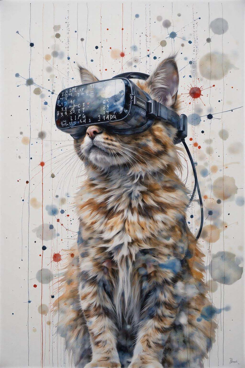 yawc1 watercolor.A matrix code waterfall is filling the screen,  double exposure with A cat playing game,  wearing a VR He...