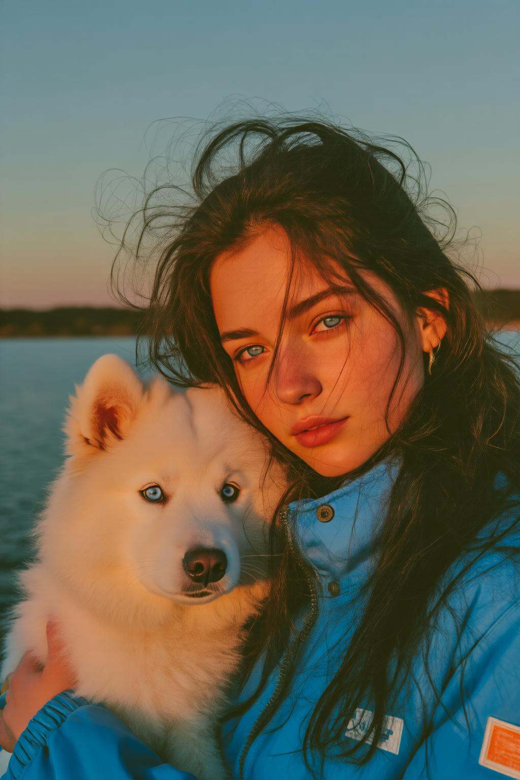 midjourneyanalog9 photograph.A young woman with blue eyes,  shown in 3/4 view,  is wearing a blue windbreaker and holds a...