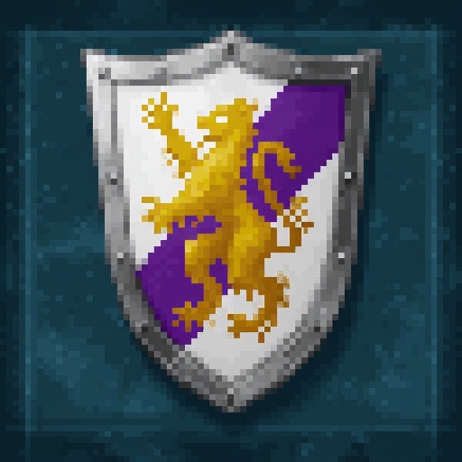 Defense skill icon. HoMM2 style. Icon depicts a detailed shield with a metal frame bisected by purple and white stripes an...