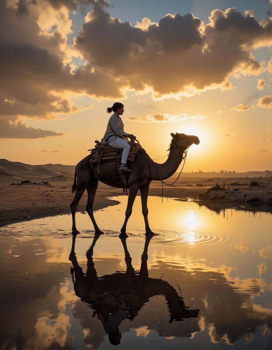 A highly detailed cinematic photography.riding camel,  golden hours,  light and shadow play on Tensor.Art