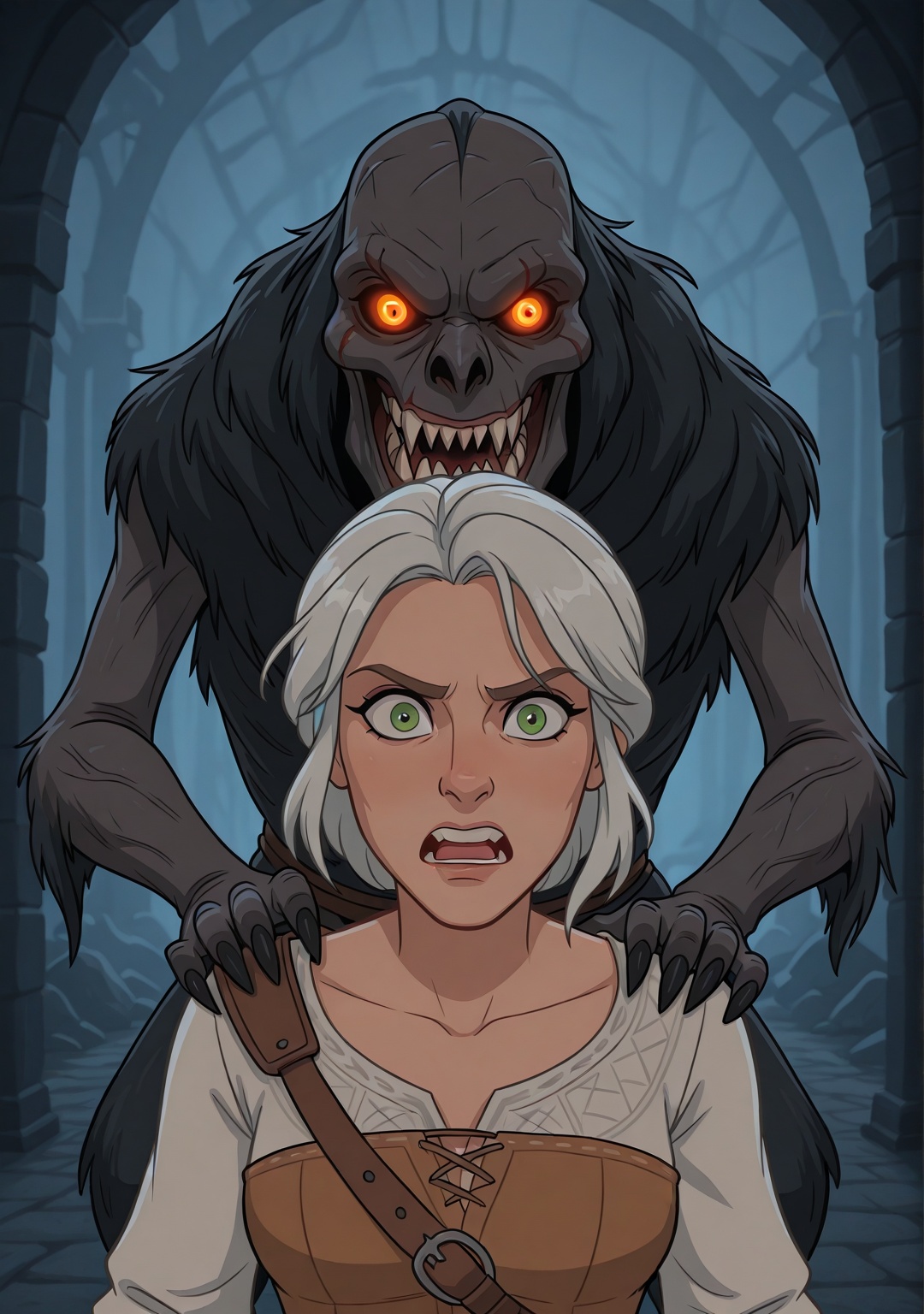 dynamic low-angle three-quarter shot of Ciri from The Witcher running away,  her face filled with fear and determination,...