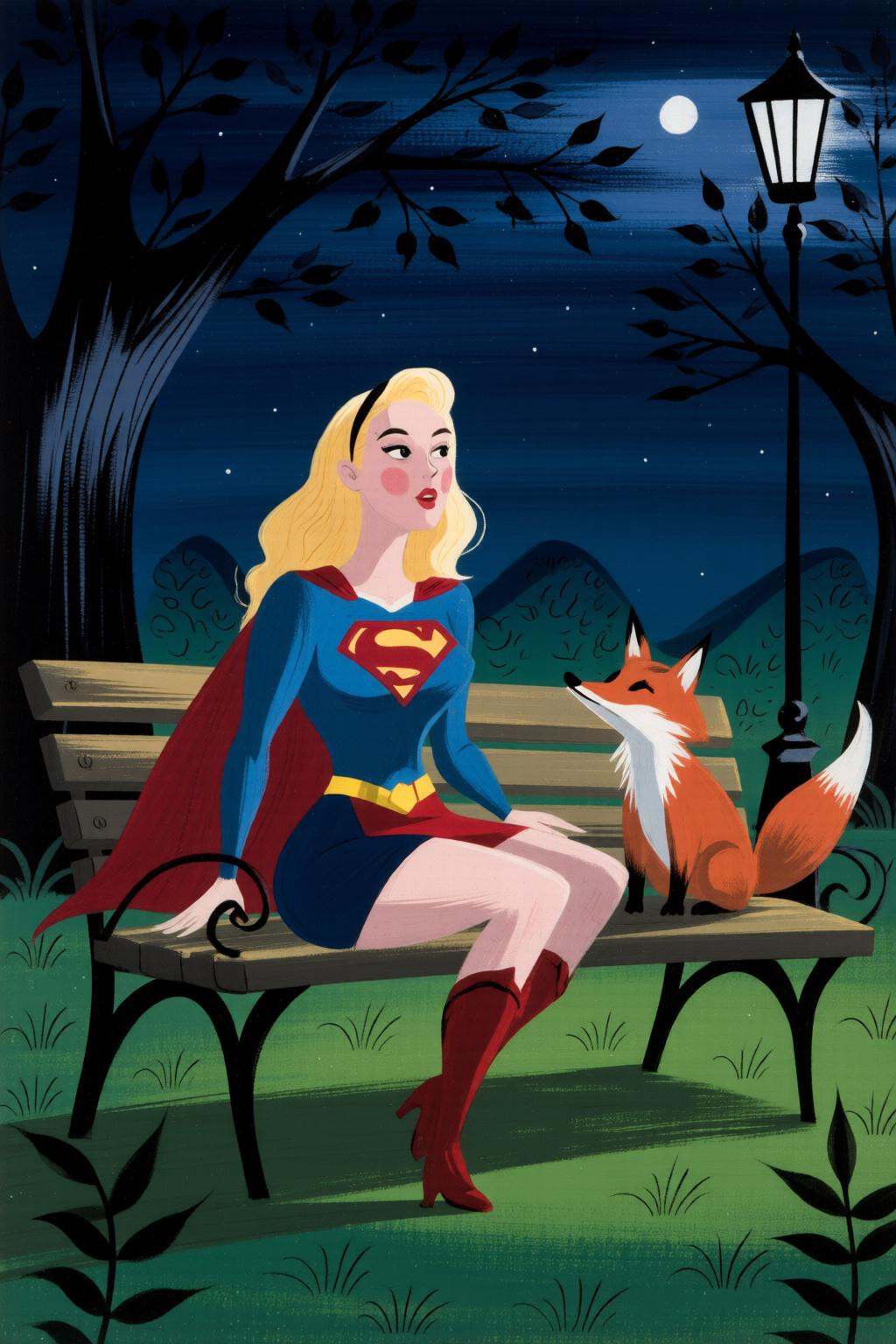 maryblair4q illustrationA woman dressed as Supergirl,  sitting on a park bench at night. She is smoking. There is a fox si...