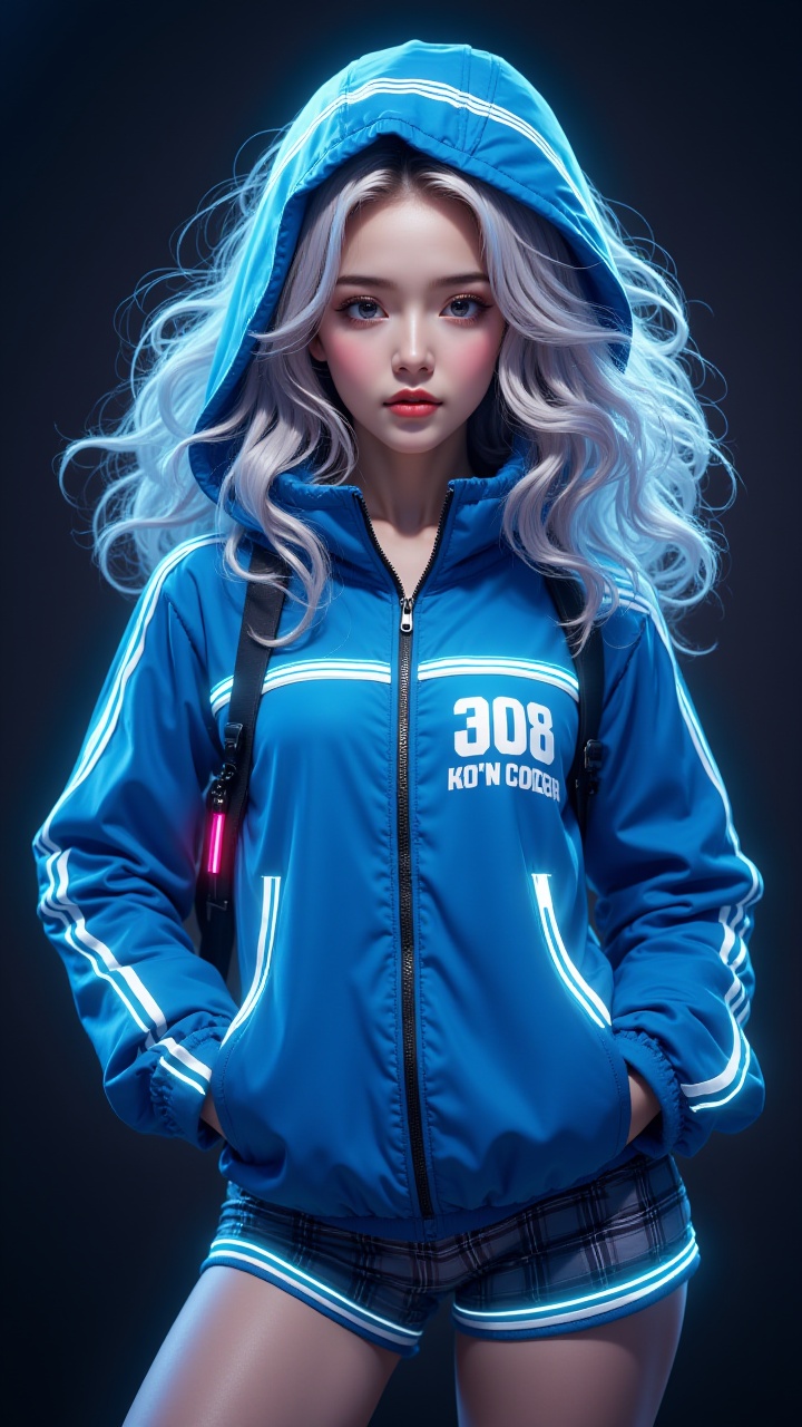 masterpiece,best quality,high quality,a portrait of a young woman with serene expression and delicate facial features. She has white curly hair,break,wearing a blue hood,break,wearing a blue sleeveless jacket,break,plaid shorts,she has clear and bright skin,looks cool,no expression on her face,she looks at the camera,front view,Cyberpunk,Cyberpunk electronic luminous clothing,full body multi luminous line light strips,full body multi luminous text,1girl,