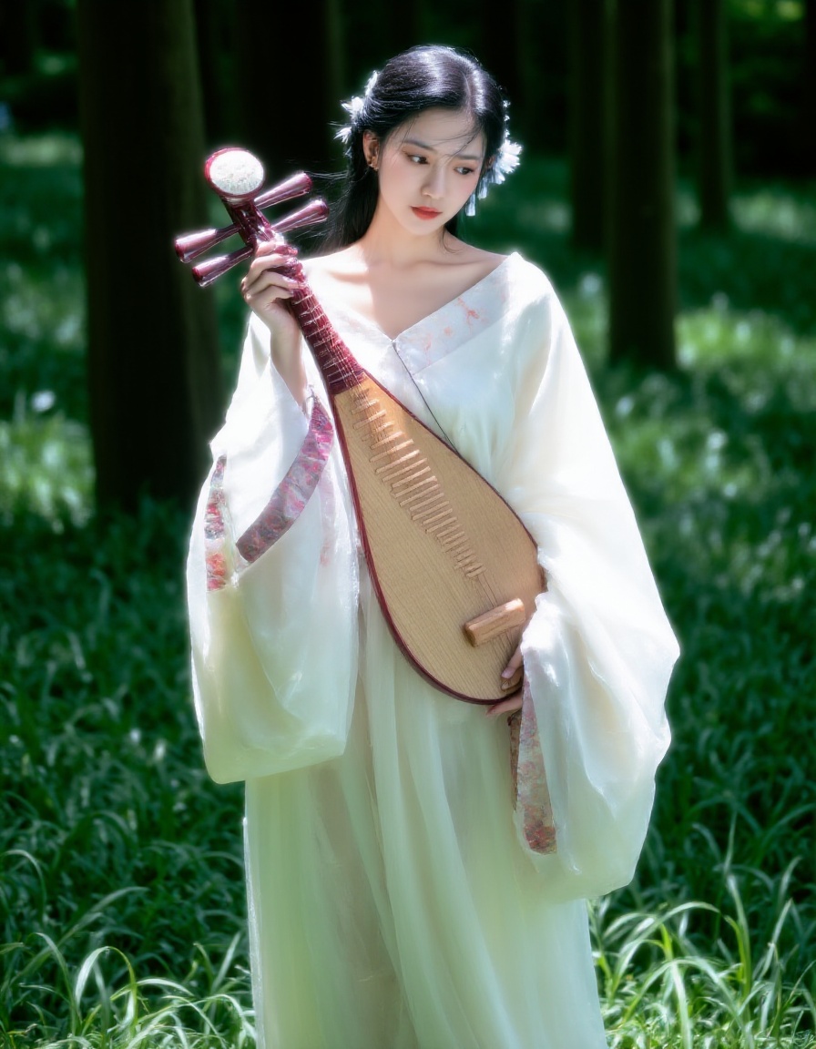 A young Asian woman wearing white Hanfu,holding a Chinese guqin in her right hand. Her hair was combed into waves,and she wore a white flower on her head,adding a touch of color to her outfit. The instrument she was holding was made of light brown wood,and she stood in a tall green grass with trees in the background.,<lora:lora.rouguang.6:1>,