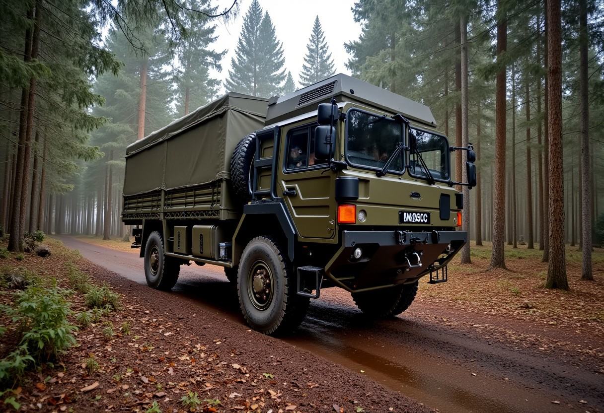 Army 'ManSV' 6t truck in a coniferous forest,  Man_SV_6t,  presumed matt olive_green on Tensor.Art