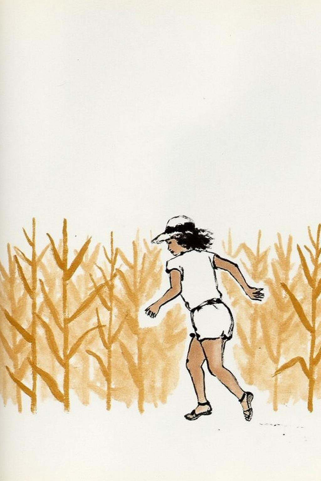 qbs1 minimalist ink wash painting. cowgirl in white short shorts running in a corn field on Tensor.Art