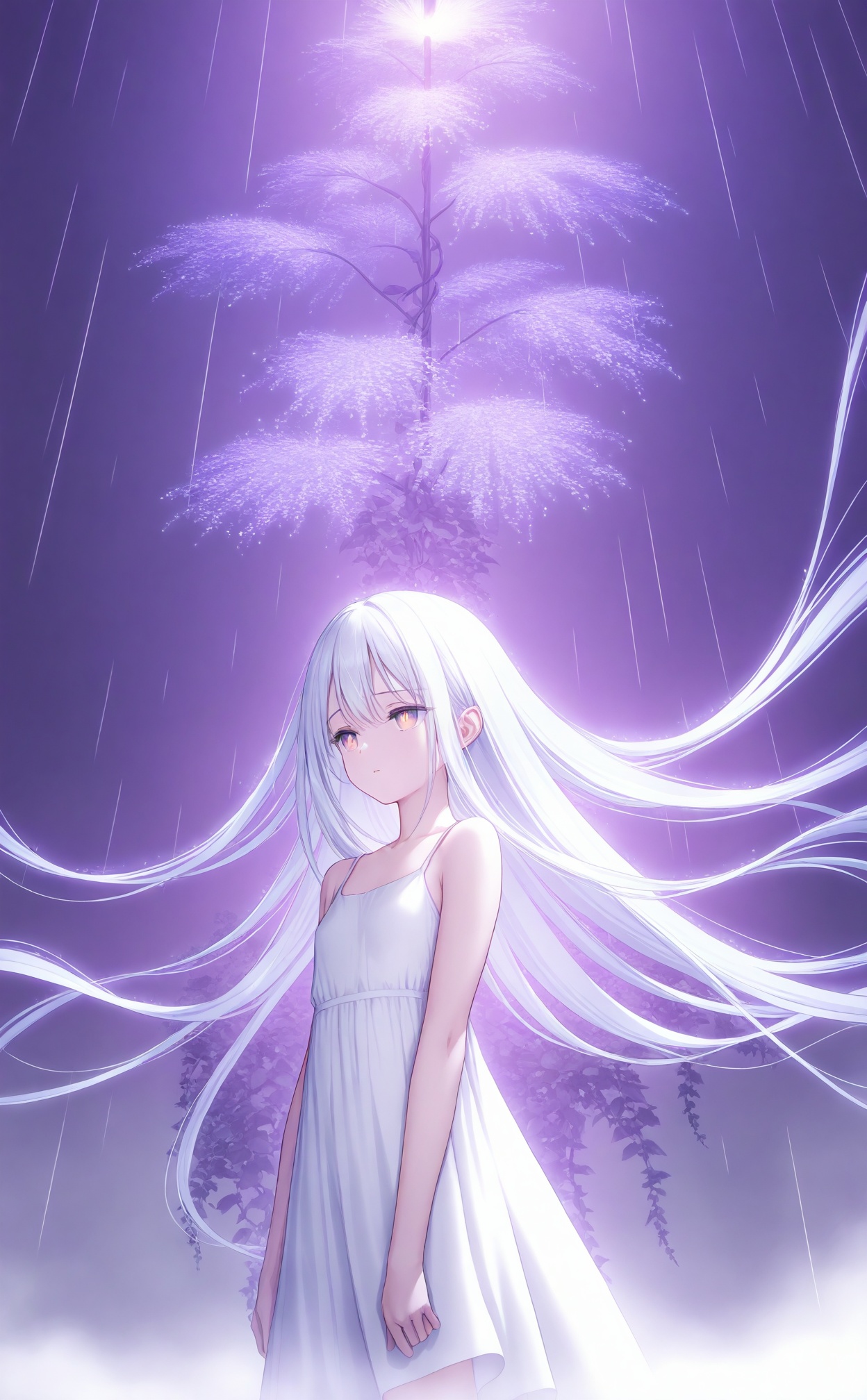 masterpiece,best quality,high quality,loli,white background,Dundar effect,a lot of purple vines,vines covering half of the painting,delicate plant details,a girl,girl,petite girl,long white hair,golden pupils,white dress,bare feet,side,side,upper body,head up,sad eyes,rain,light,figure light,petals,purple filter,left,fog,dream,unreal,Blur,float light,