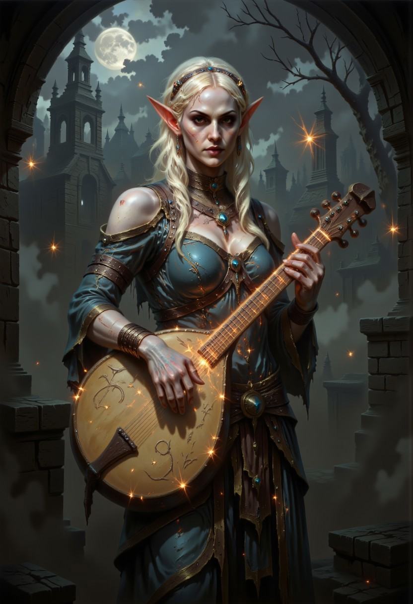 DFOP-V3.0 style dark fantasy oil painting that features female elf bard,  radiating elegance,  charm on Tensor.Art
