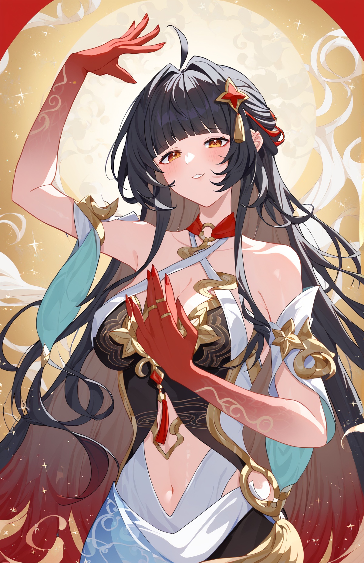 score_9, score_8_up, score_7_up, score_anime, A tarot card style illustration of a mature woman, haughty expression, wearing ornate clothing with regal, sharp edges, mirrored vertically, upper body only. The woman stands in an upright pose, creating symmetry. Background: Intricate, celestial patterns with stars and moon phases. Colors: deep blues, gold, and black tones, sharp contrast lighting with a mystical aura. Created using: baroque painting techniques, tarot symbolism, fine ink detailing, digital painting, mystical lighting, intricate pattern work, celestial elements, BREAK<lora:lingsha-pony-Tanger-000018:0.8>, lingsha, default clothes, red hands, red feet, 1girl, long hair, black hair, breasts, ahoge, high heels, BREAKTEST, masterpiece, best quality, 