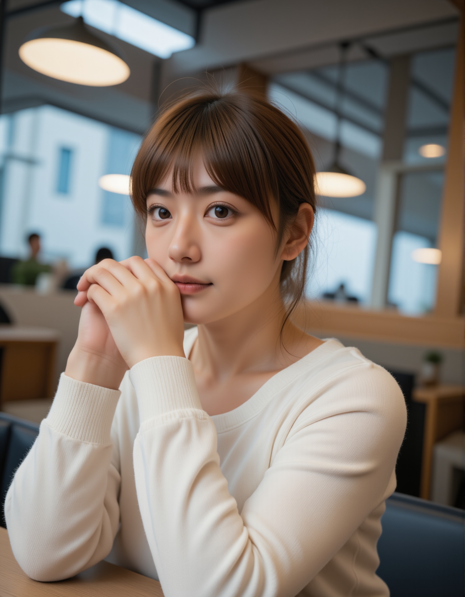 A young woman with fair skin and long brown hair tied back in a loose ponytail,  wearing a white,  long-sleeved sweater. S...