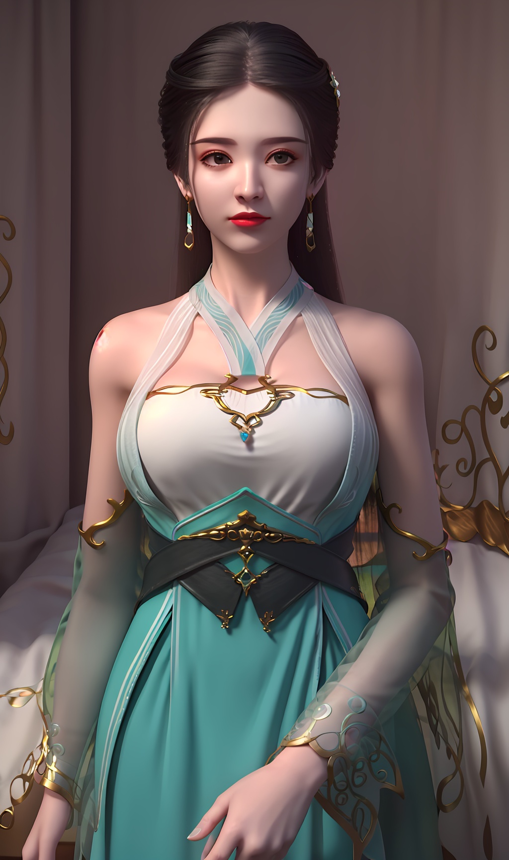 3D,masterpiece,(best quality),(makeup),official art, extremely detailed cg 8k wallpaper,((crystalstexture skin)), (extremely delicate and beautiful),(highly detailed),(face),(gold_trim),(collar),(hand)(1girl), (solo), (jewelry), (earrings),(black_hair),(long_hair),(hair_ornament),(handwear),(breasts),(standing),((upper_body)),(bare_shoulders),(closed_mouth),(off-shoulder_dress),(short_skirt),(long_skirt),)(multicolored_clothes),(multicolored_dress),(shiny_clothes),(city,indoor,bed),,((looking_at_viewer)),((Facing the camera)),, <lora:hipoly3DModelLora_v10:0.3>