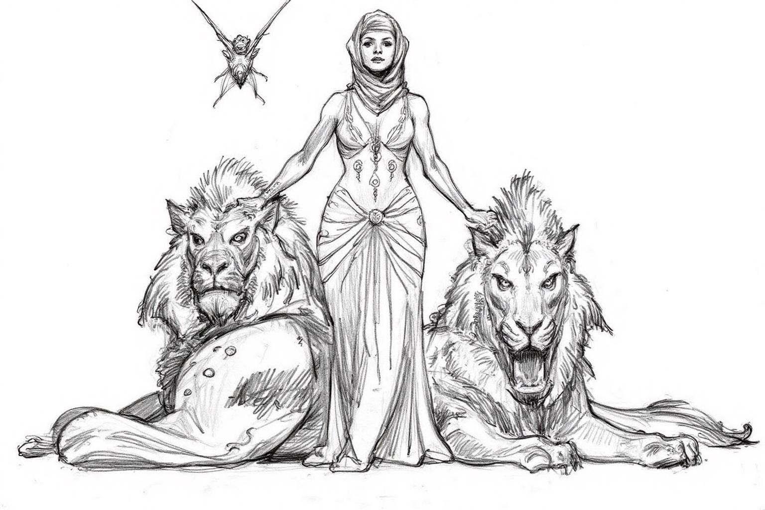 pencil sketch.A woman standing between two large lion-like mythical creatures. She is dressed in a flowing gown with intri...