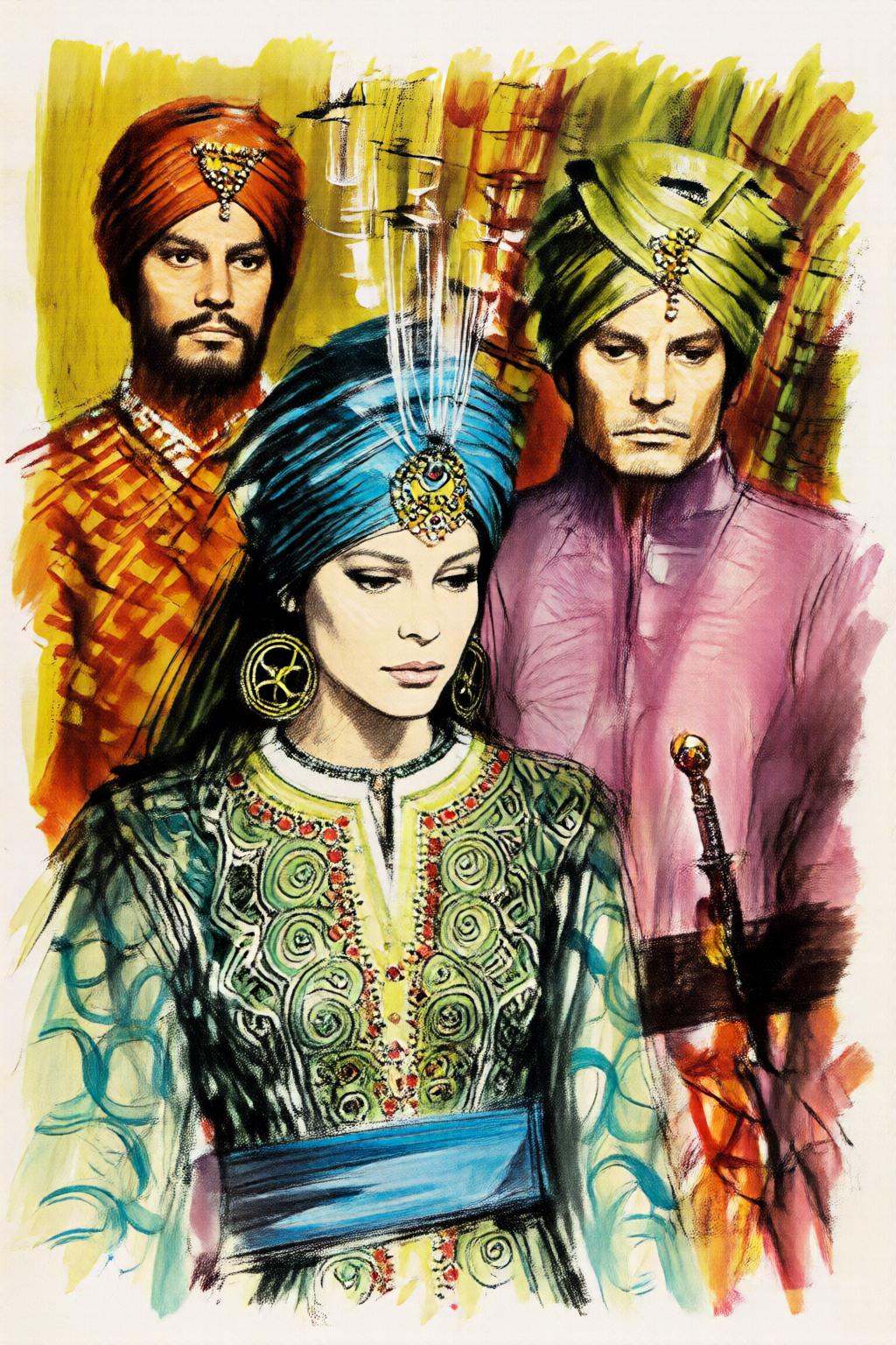 giannirenna2q illustration. A young Indian woman and two Indian men in traditional attire are present. In the foreground i...