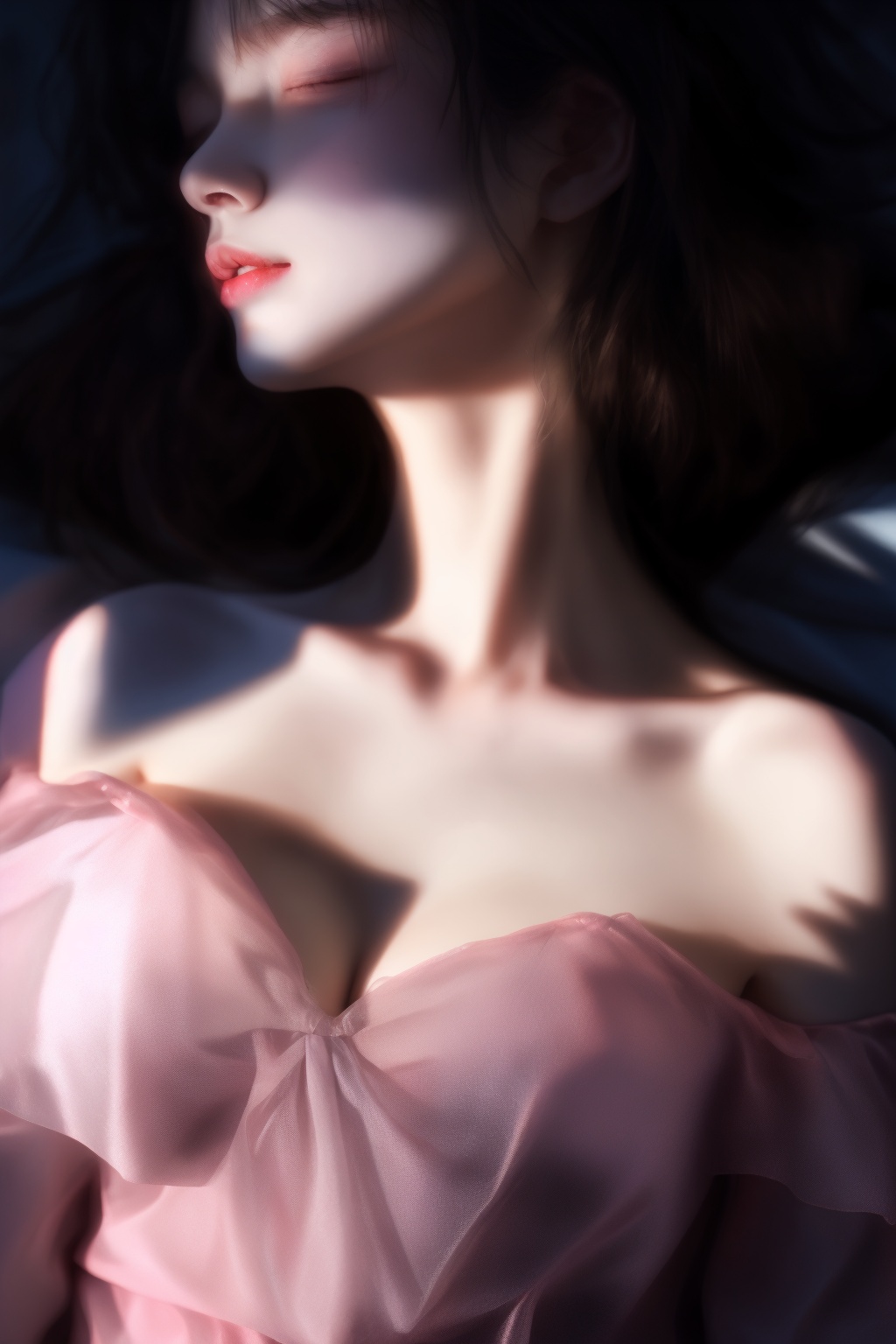 (Realistic, Hyperrealistic: 1.1)XHC sleep,1girl,solo,sleeping,lying,Silver hair,closed eyes,on back,bare shoulders,pillow,collarbone,off shoulder,tongue,short hair,realistic,soft light,(Klein Blue and Light Pink dress:1.3),(see-through:1.3),epic realistic,(dark shot:1.5),(darkness:1.5),(soft light:1.2),(breast:1.3),(cleavage:1.3),<lora:XHC soft light_20240716125739-000018:0.9>,(masterpiece, top quality, best quality, official art, beautiful and aesthetic:1.2),natural skin texture,high detailed skin,(detailed skin:1.5),photorealistic,extreme detail,lifelike,crisp,precise,35mm photograph,film,bokeh,professional,highly detailed, <lora:XHC soft light_20240716125739:0.8>