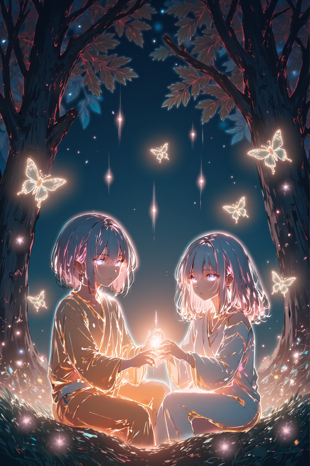 This is a digital illustration depicting a serene nighttime scene in a forest. The background features a dark blue sky filled with stars, creating a tranquil, mystical atmosphere. The ground is covered in lush green grass, dotted with glowing fireflies that add a magical glow to the scene. In the foreground, two figures are seated on the grass. The figure on the left is a young boy wearing a simple, bright orange robe. The figure on the right is a young girl, dressed in a white robe. They are both holding a glowing lantern, which emits a soft, warm light. Surrounding them are numerous large, glowing yellow butterflies, adding to the enchanting ambiance. The trees in the background are silhouetted against the starry sky, with their branches and leaves casting dark shadows. The overall art style is highly detailed and vibrant, with a mix of realistic and fantastical elements, capturing a sense of wonder and tranquility. The image evokes a sense of peaceful contemplation and connection with nature.